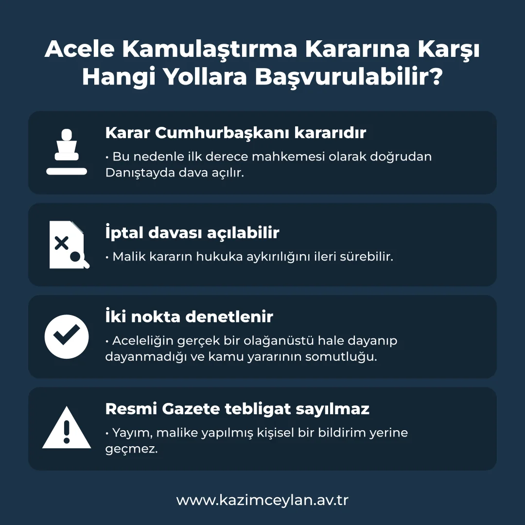 Acele Kamulaştırma Kararına Karşı Hangi Yollara Başvurulabilir Karara karşı başvurulacak yargı yolu ve denetlenen noktaları gösteren şema