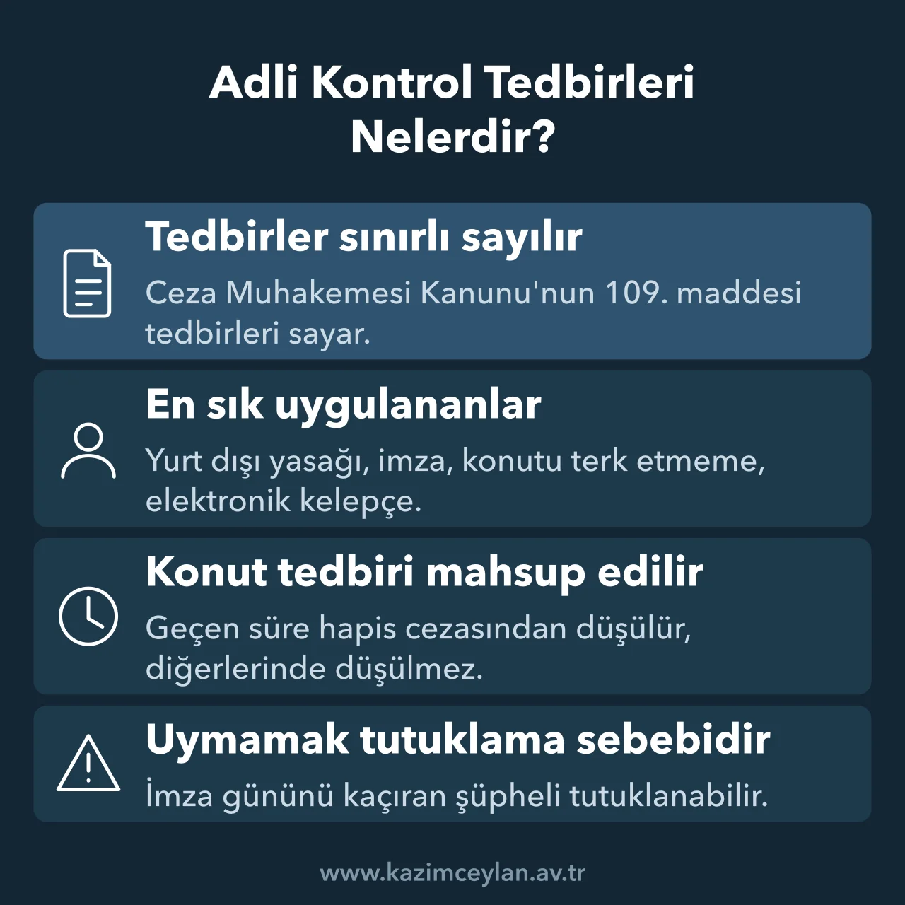 Sık uygulanan adli kontrol tedbirlerini, mahsup kuralını ve ihlalin sonucunu gösteren şema