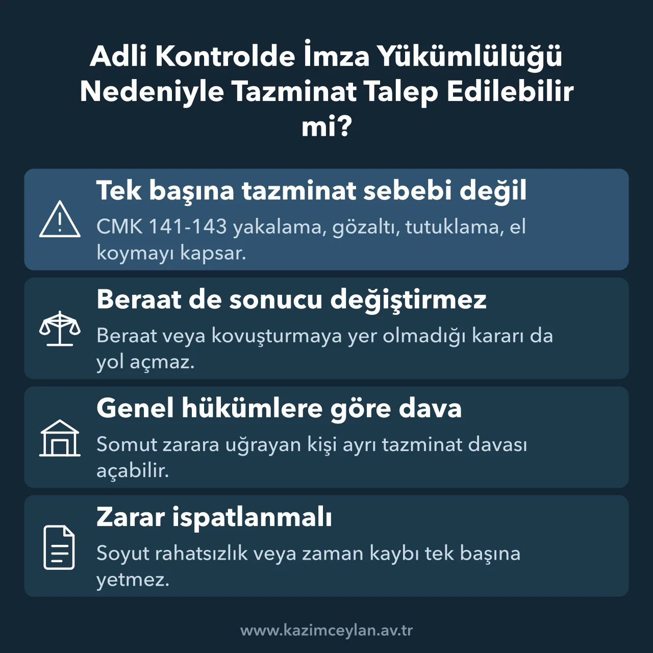 Adli Kontrolde İmza Yükümlülüğü Nedeniyle Tazminat Talep Edilebilir mi İmza yükümlülüğünde devletten tazminatın kapalı olduğunu ve dava yolunu özetleyen şema