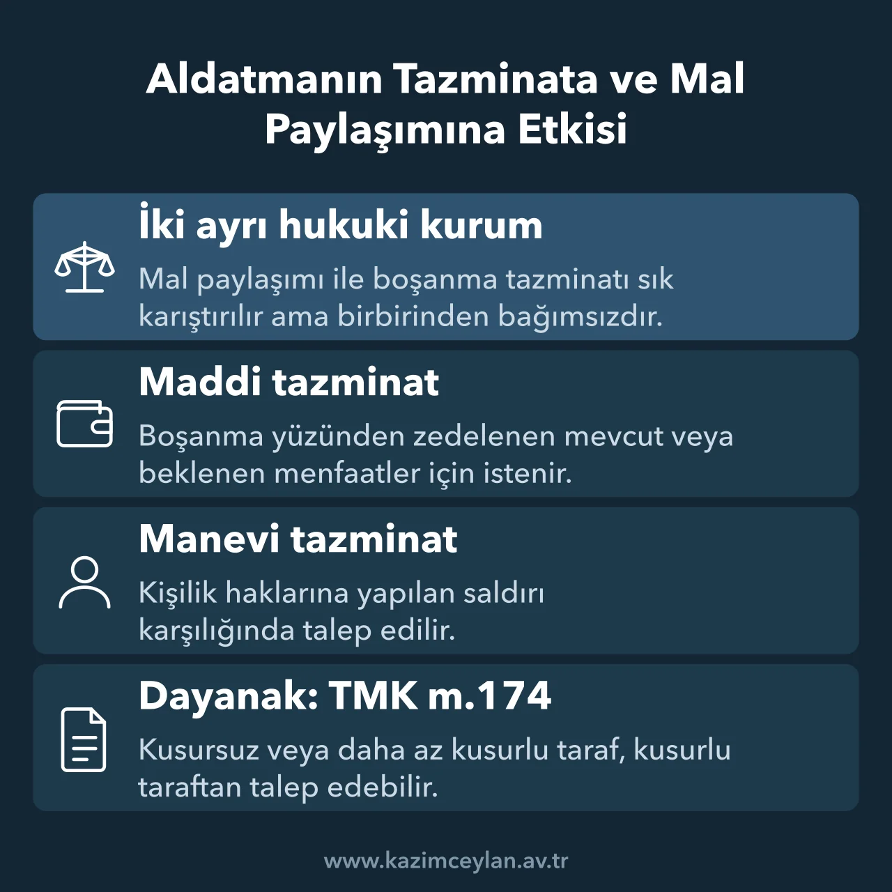 Aldatmanın Tazminata ve Mal Paylaşımına Etkisi Tazminat ile mal paylaşımının neden ayrı kurumlar olduğunu gösteren şema