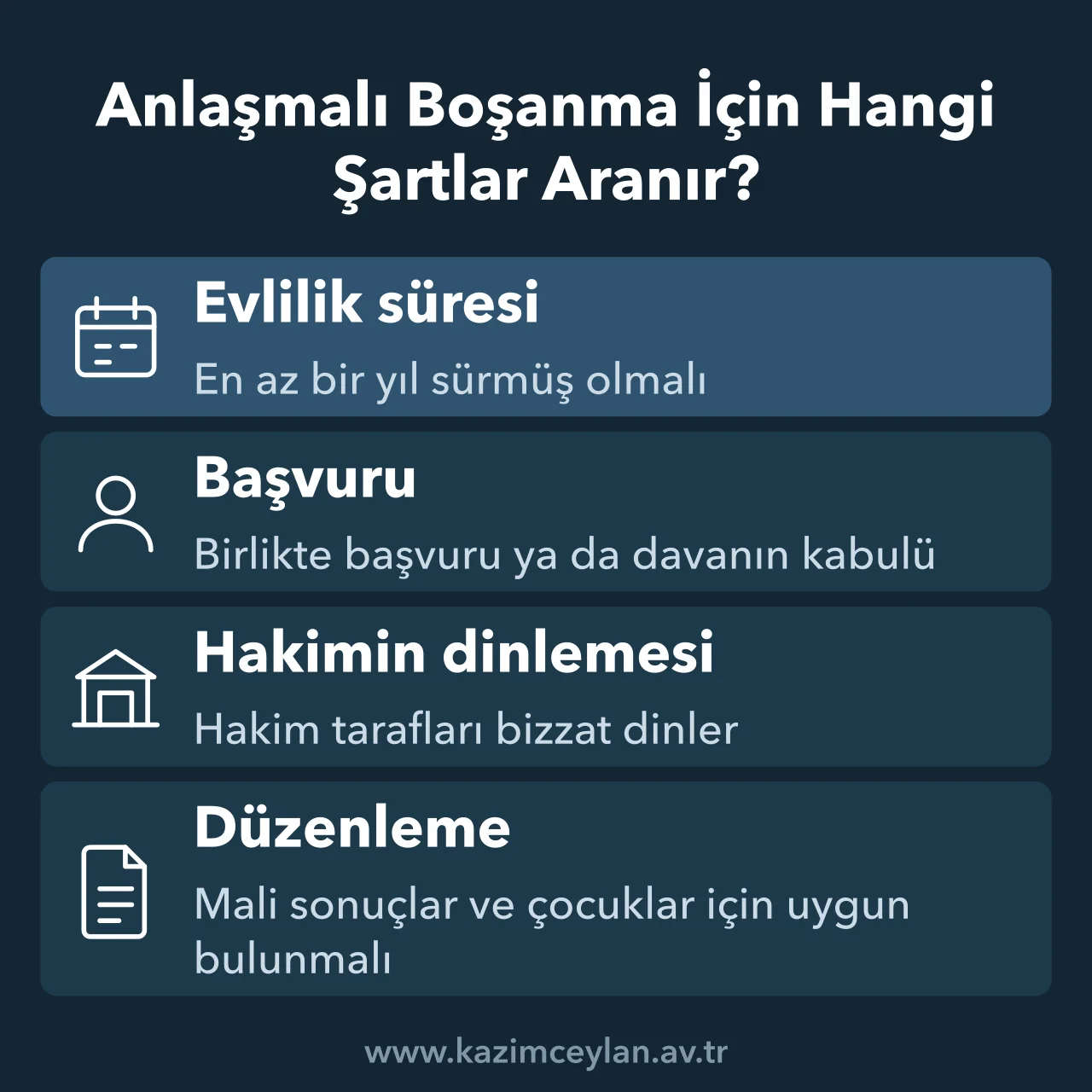 Anlaşmalı boşanmada aranan dört şartı gösteren şema