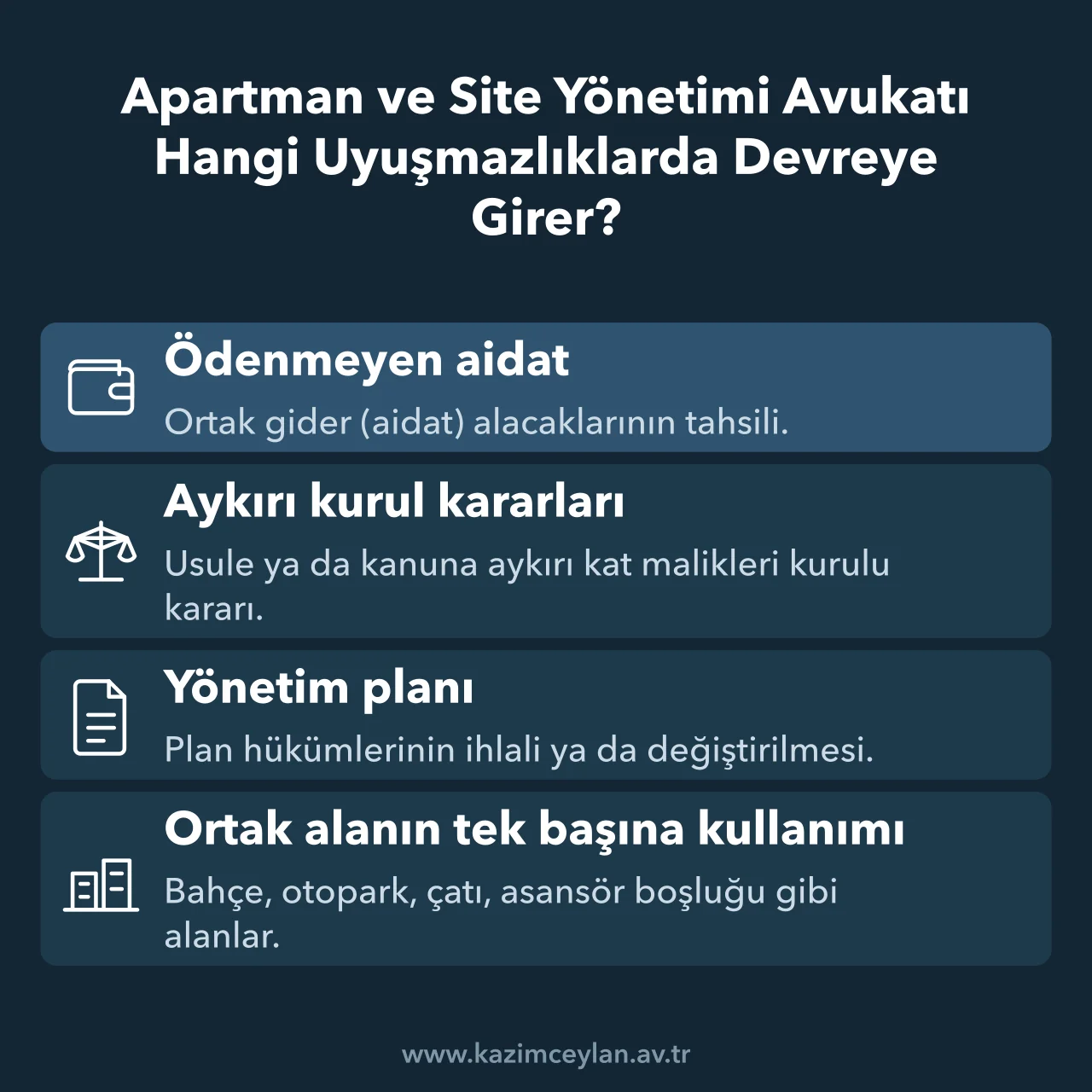 Apartman ve Site Yönetimi Avukatı Hangi Uyuşmazlıklarda Devreye Girer Kat malikleri kurulunun kendi içinde çözemediği dört uyuşmazlık tipini gösteren şema