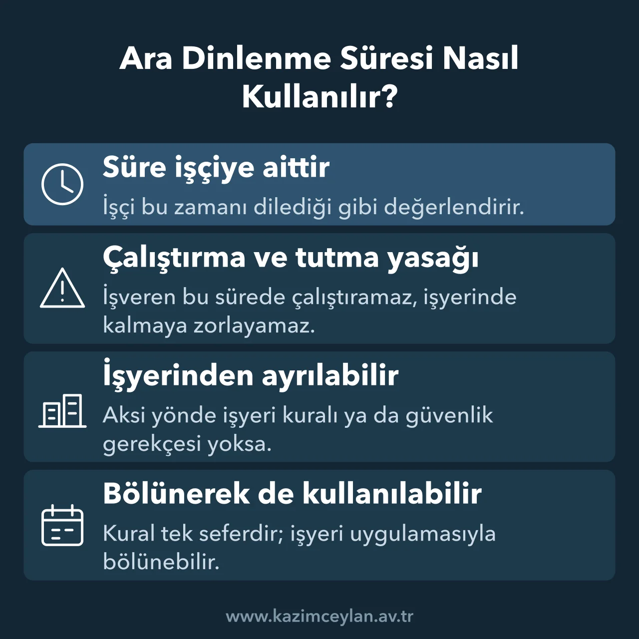 Ara Dinlenme Süresi Nasıl Kullanılır İşçinin ara dinlenmeyi nasıl kullanacağını ve işverenin sınırlarını gösteren şema