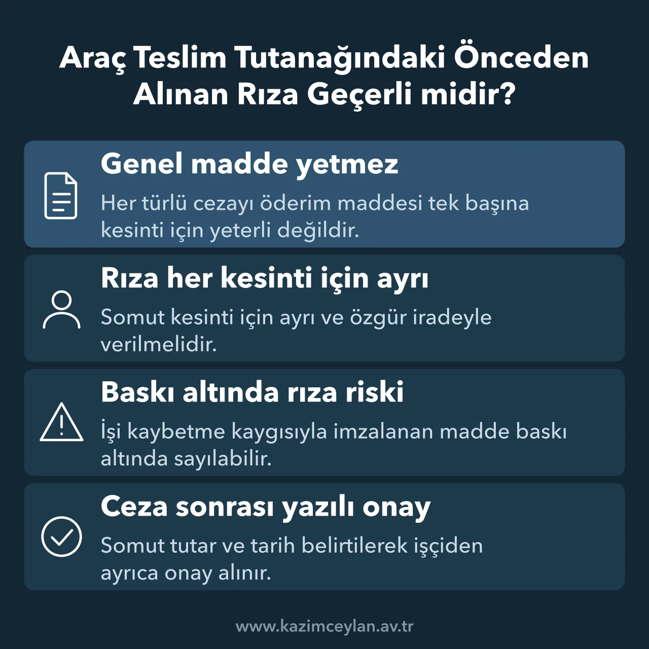 Araç Teslim Tutanağındaki Önceden Alınan Rıza Geçerli midir Teslim tutanağındaki genel rıza maddesinin maaştan kesintide geçerliliğini özetleyen kart