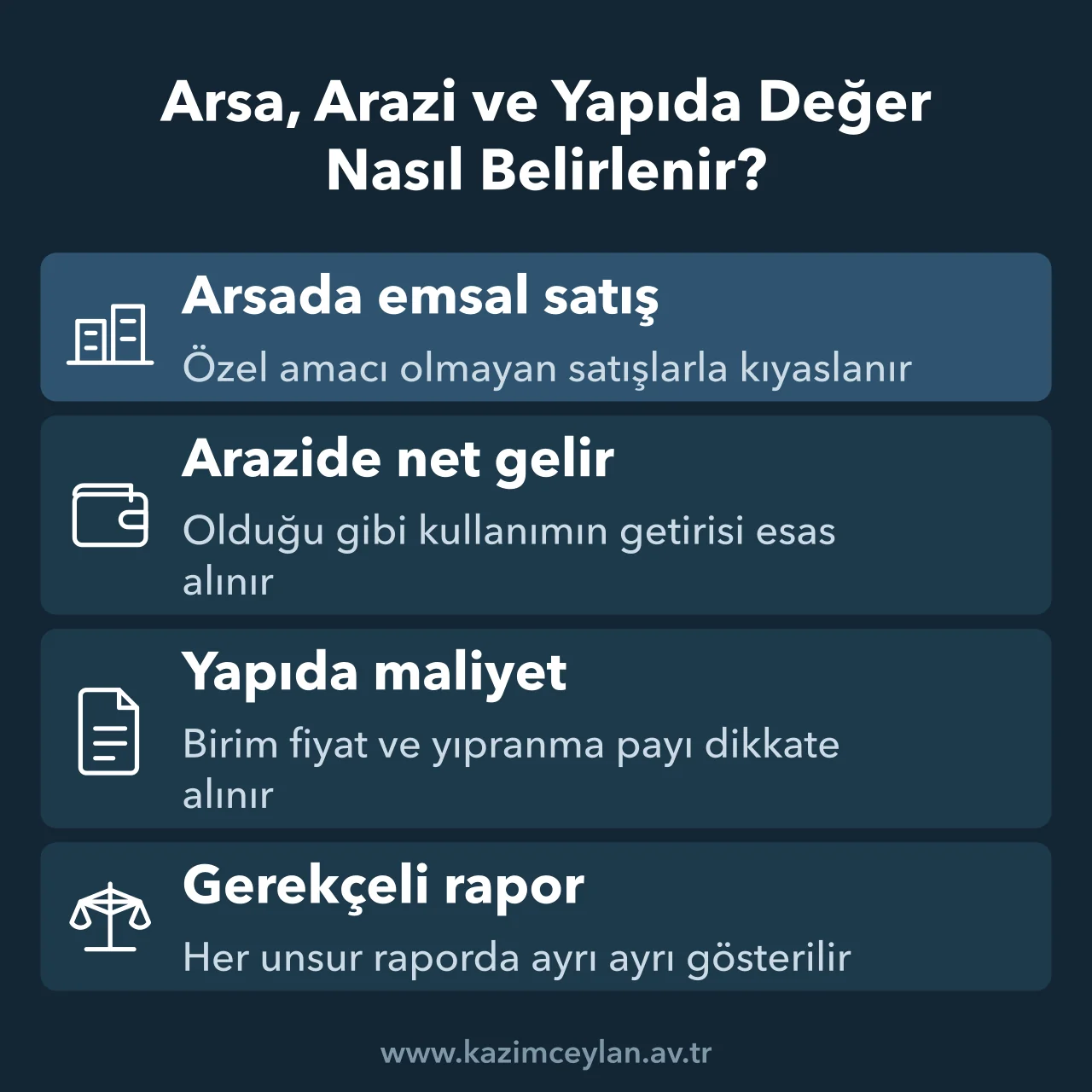 Arsa, arazi ve yapı için kanunda öngörülen değer tespit ölçütlerini gösteren şema