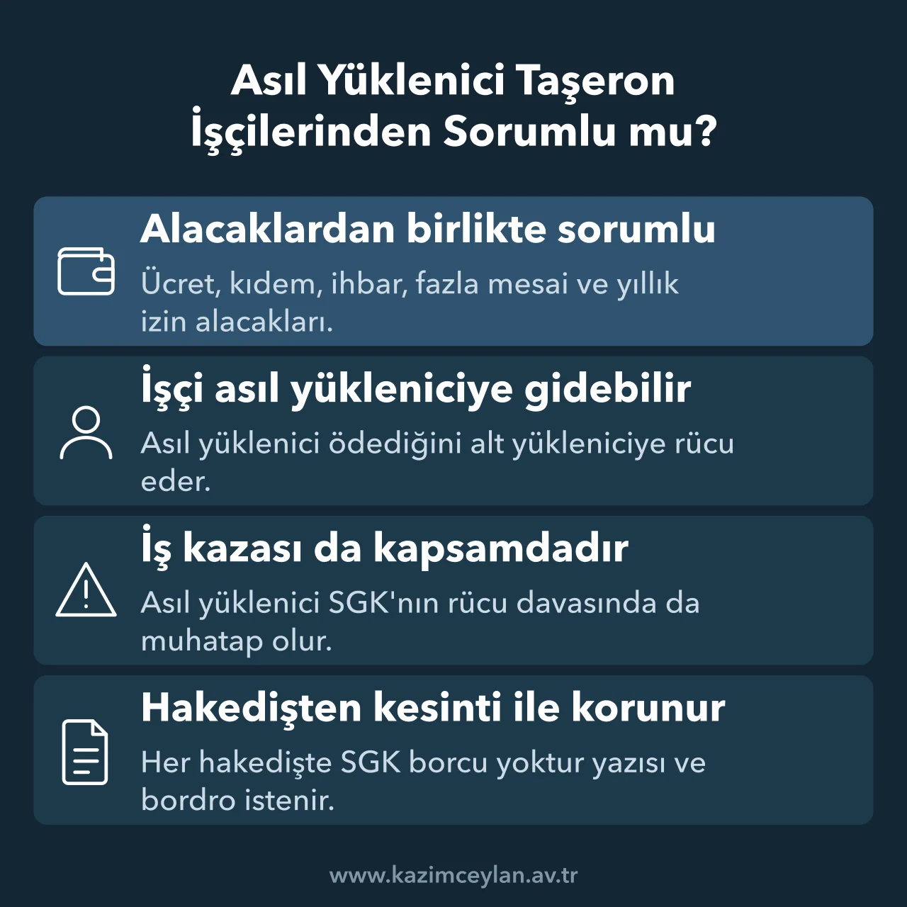 Asıl yüklenicinin taşeron işçilerine karşı müteselsil sorumluluğunu özetleyen bilgi kartı