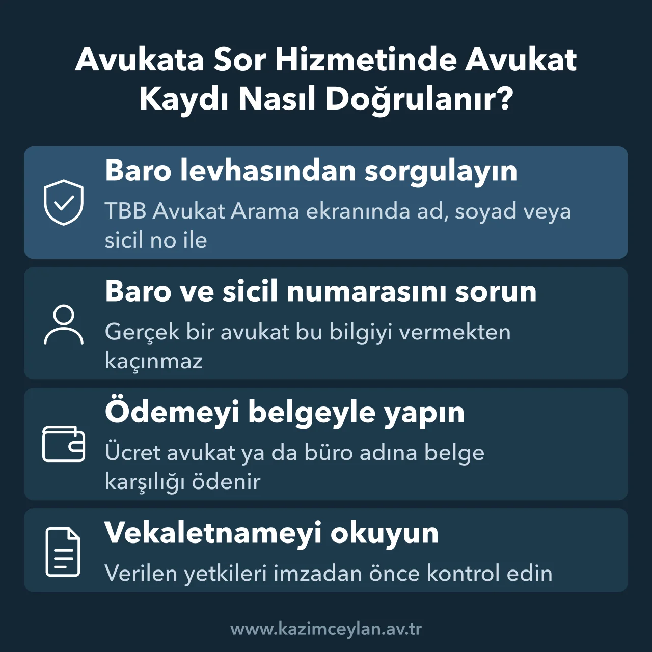 Avukata Sor Hizmetinde Avukat Kaydı Nasıl Doğrulanır Avukat kaydının baro levhasından sorgulanması ve ödeme öncesi kontrolleri gösteren şema