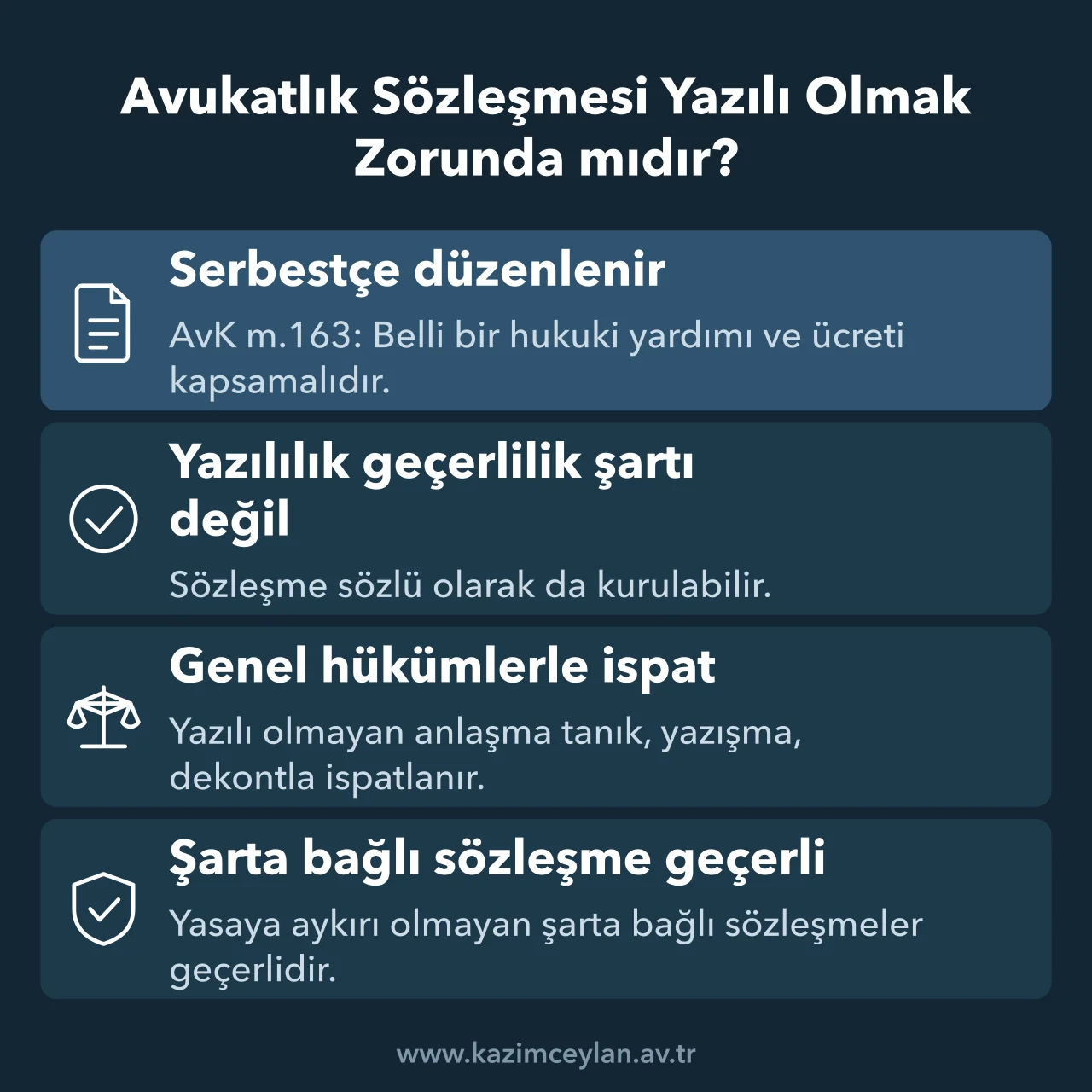 Avukatlık Sözleşmesi Yazılı Olmak Zorunda mıdır Avukatlık sözleşmesinde şekil serbestisini ve sözlü anlaşmanın ispatını gösteren kart