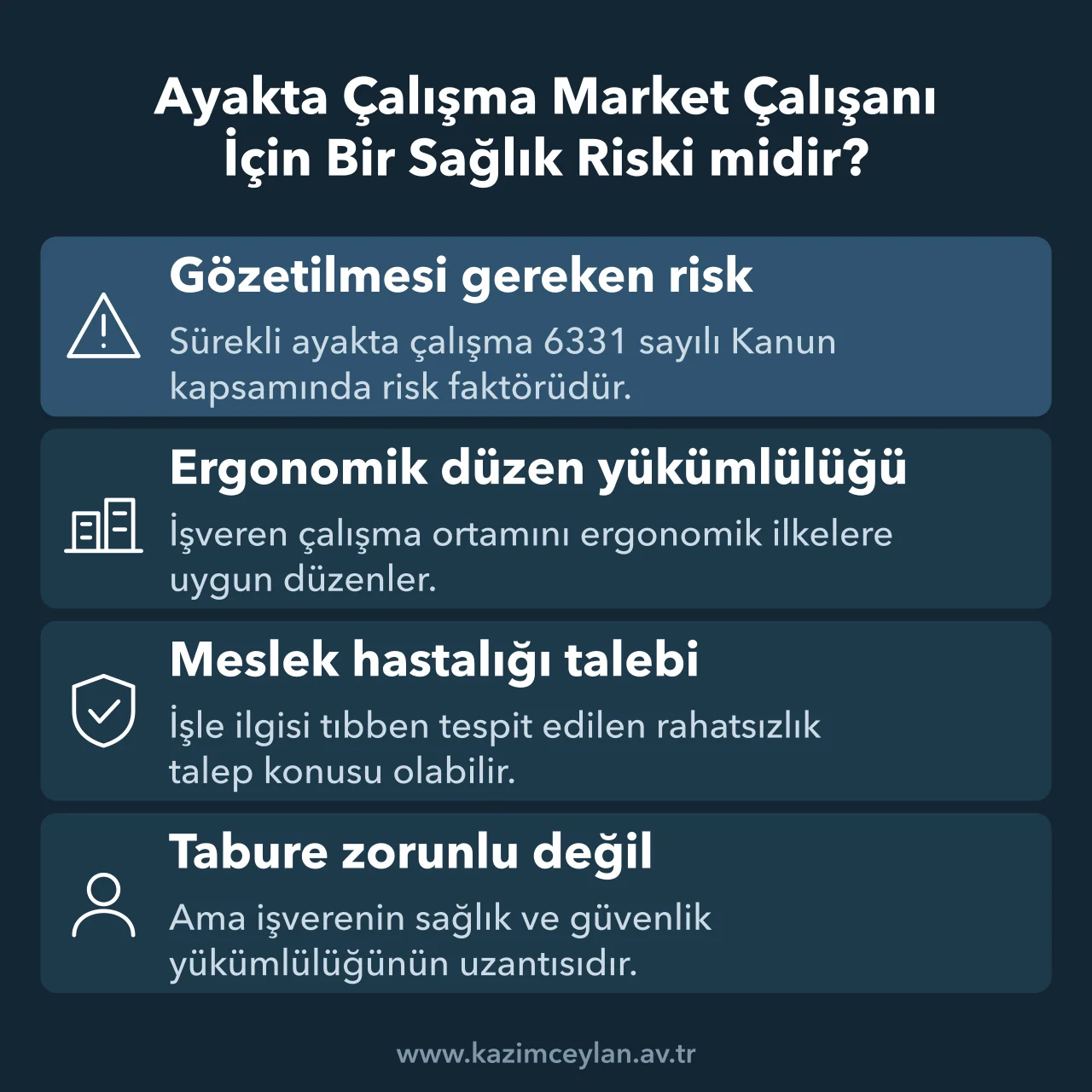Ayakta çalışan market işçisi için işverenin iş güvenliği yükümlülüklerini gösteren kart