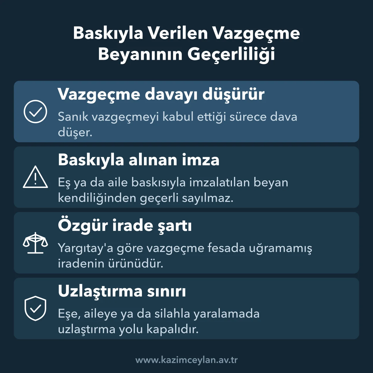 Şikayetten vazgeçmenin sonucu, özgür irade şartı ve uzlaştırma sınırını gösteren şema