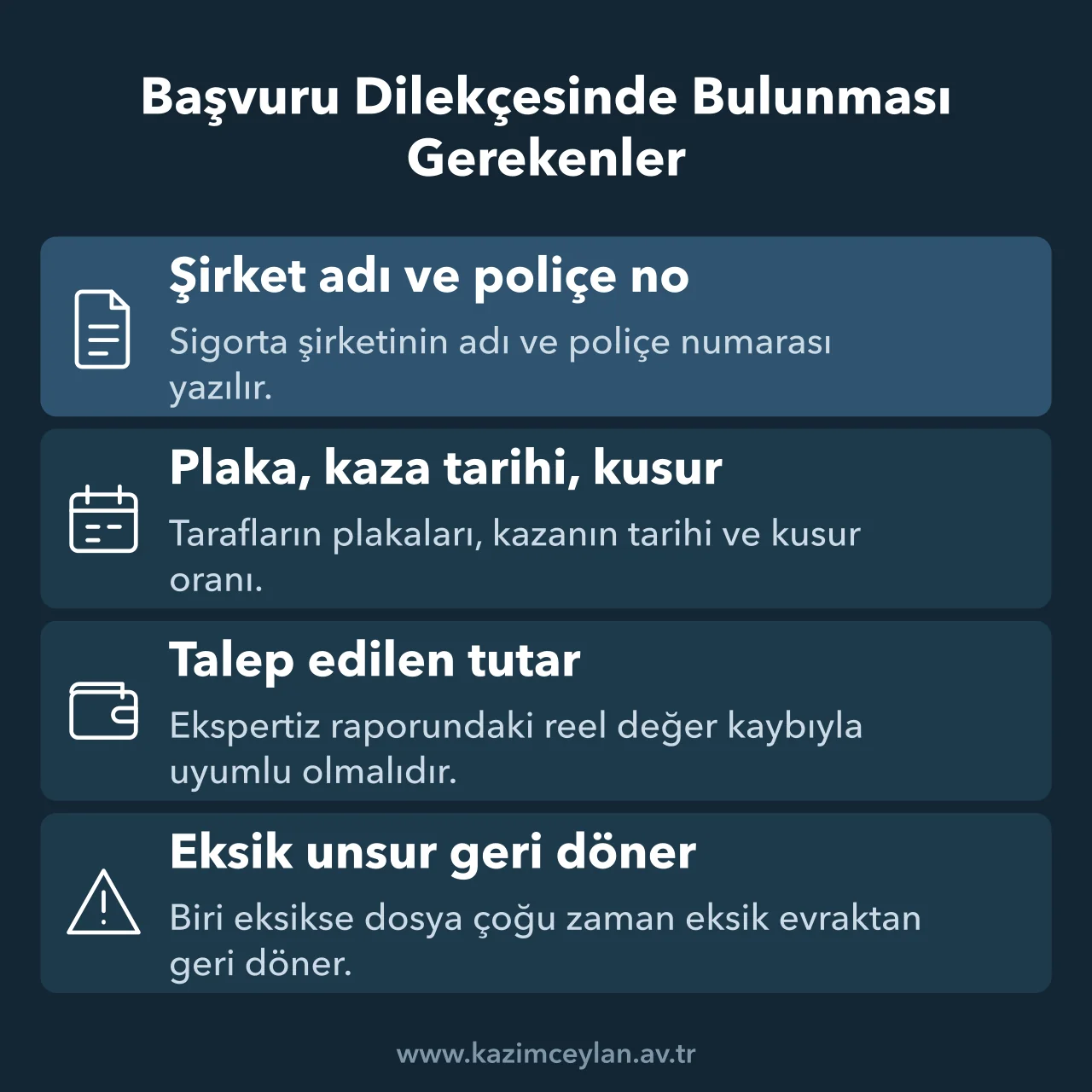 Başvuru Dilekçesinde Bulunması Gerekenler Sigortaya gönderilecek değer kaybı dilekçesinde yer alması gereken unsurları gösteren şema