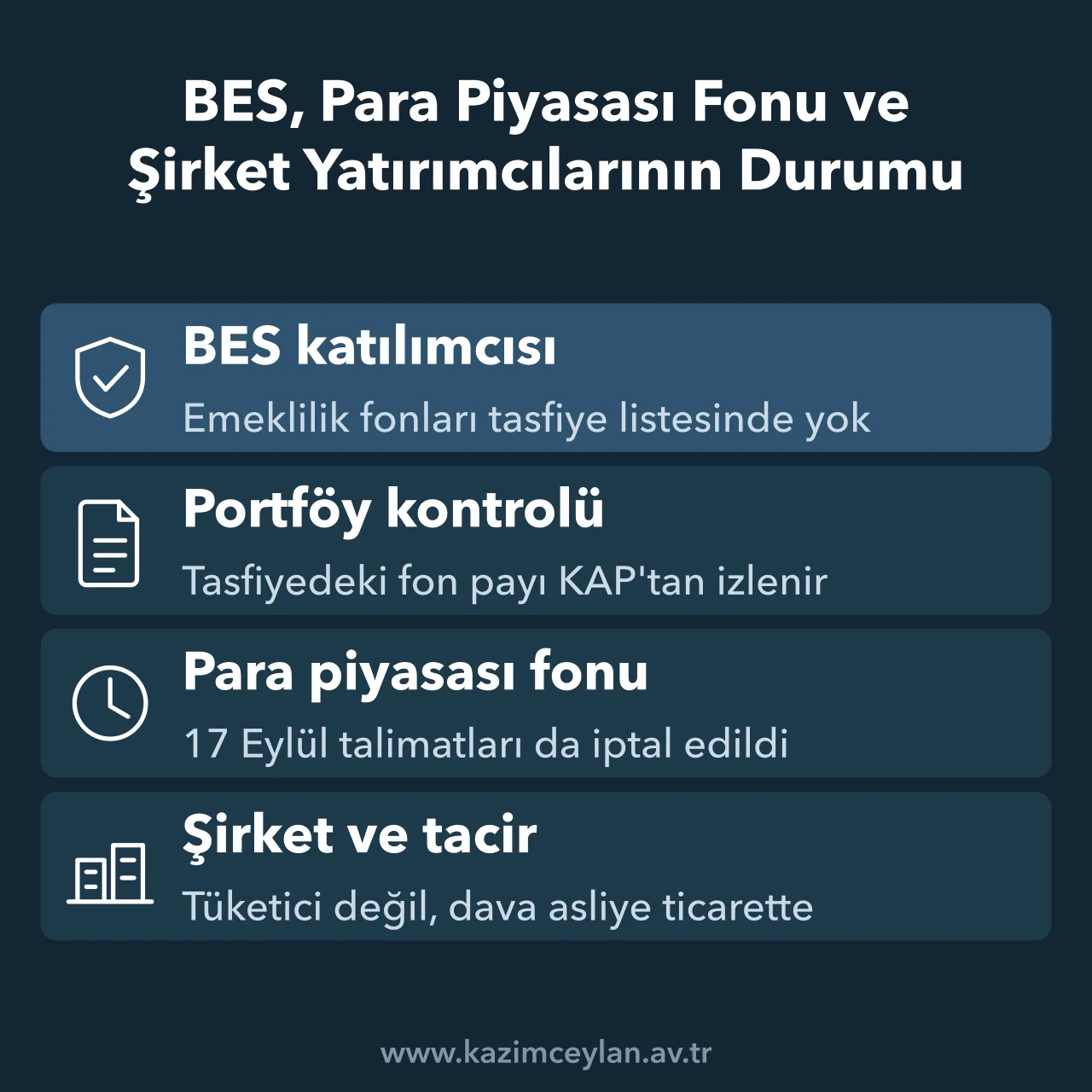 BES katılımcısı, para piyasası fonu yatırımcısı ve şirket yatırımcısının tasfiyedeki konumu
