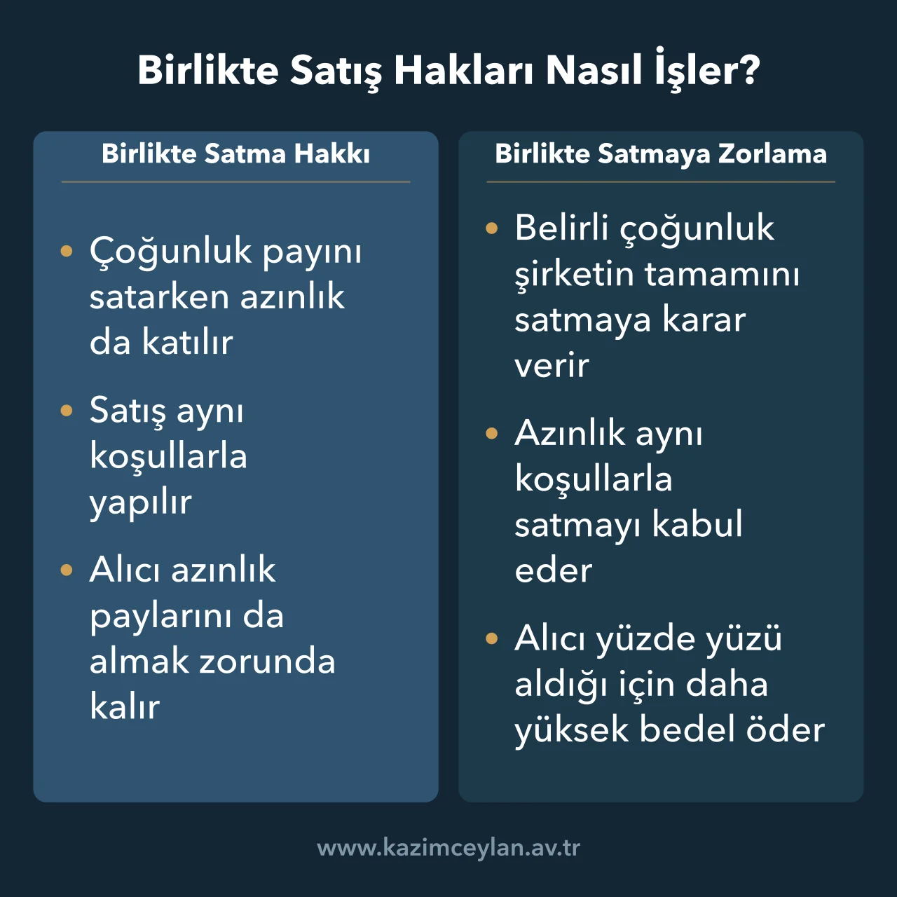 Birlikte Satış Hakları Nasıl İşler Birlikte satma hakkı ile birlikte satmaya zorlama hakkının işleyişini karşılaştıran şema