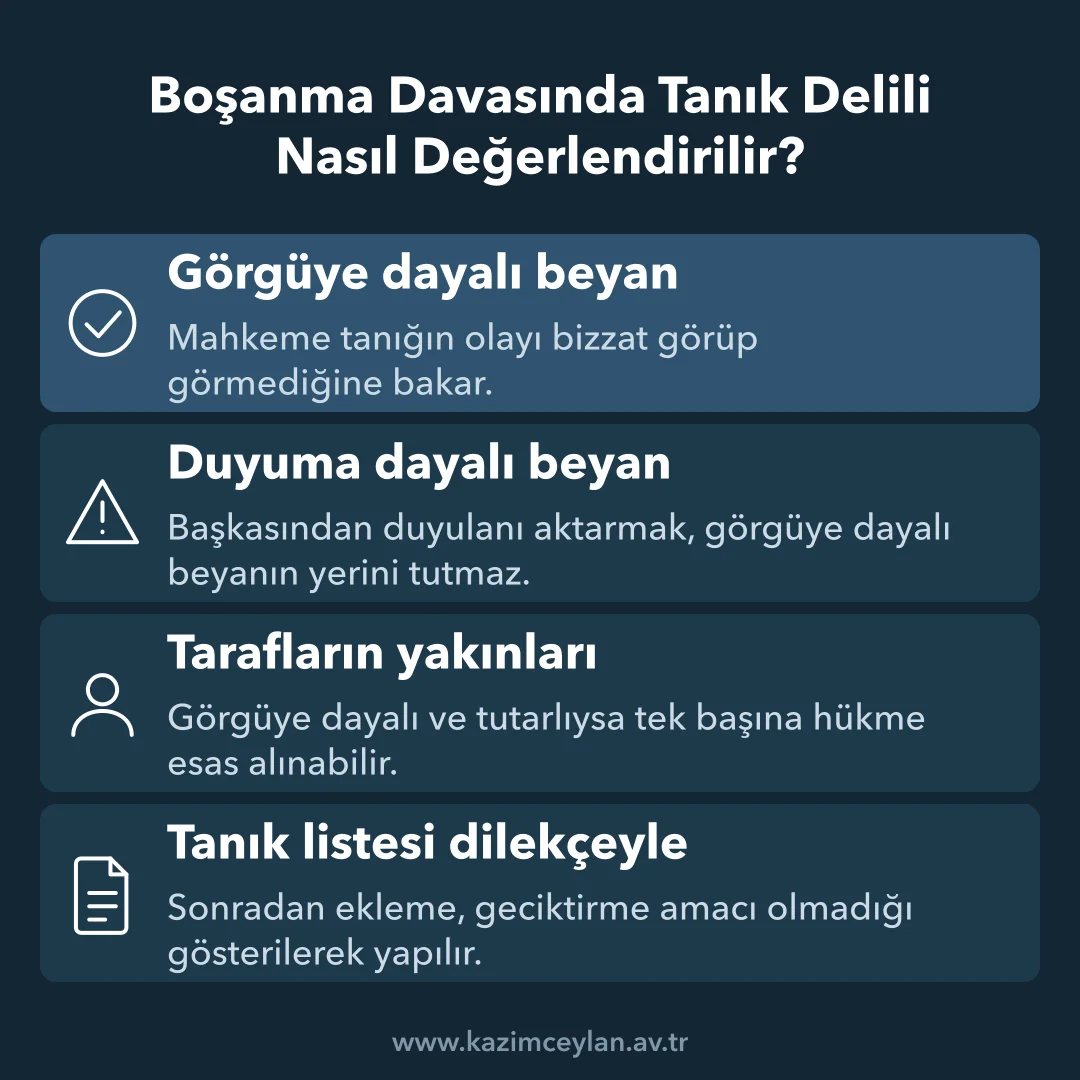 Boşanma Davasında Tanık Delili Nasıl Değerlendirilir Aile mahkemesinin tanık beyanlarının ağırlığını tartarken baktığı ölçütleri gösteren şema