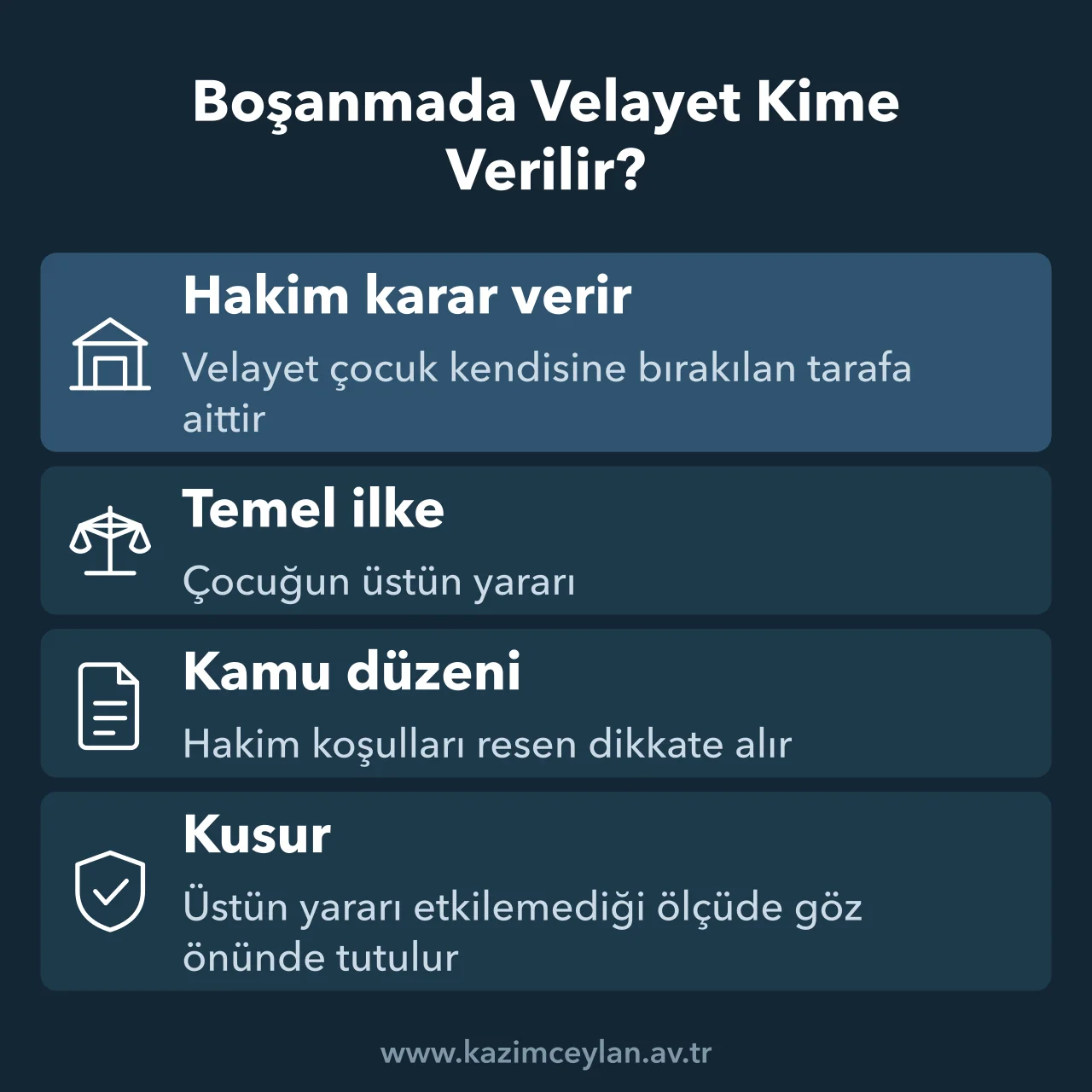 Boşanmada velayetin kime verileceğini belirleyen dört temel ilkeyi gösteren şema