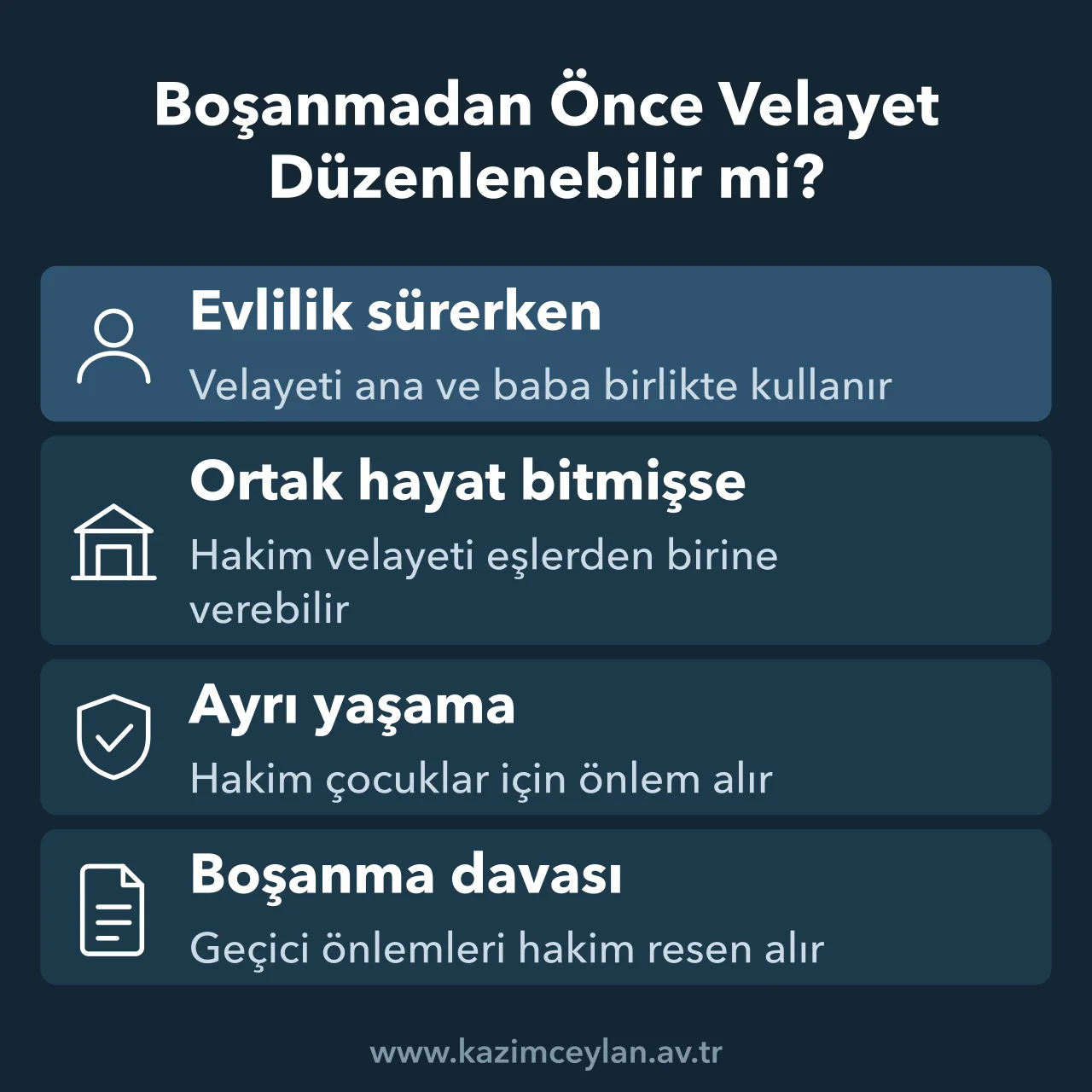Boşanmadan önce ve boşanma sırasında velayete ilişkin önlemleri gösteren şema