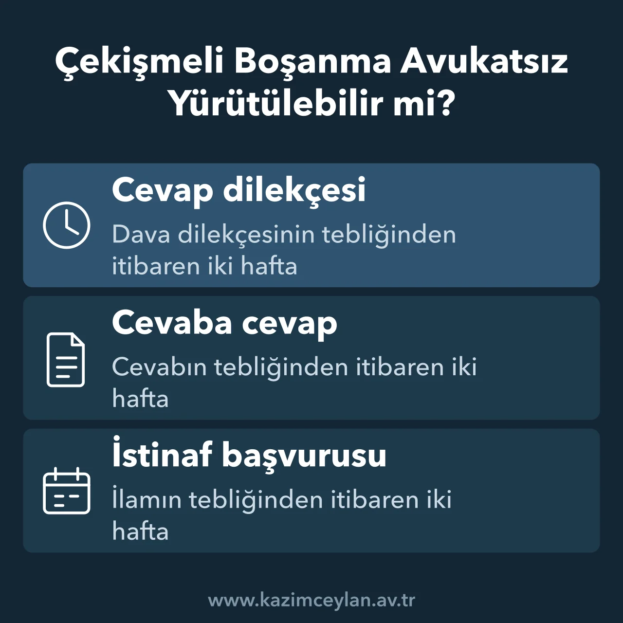 Çekişmeli Boşanma Avukatsız Yürütülebilir mi Çekişmeli boşanma davasında avukatsız takipte cevap, cevaba cevap ve istinaf sürelerini gösteren kart