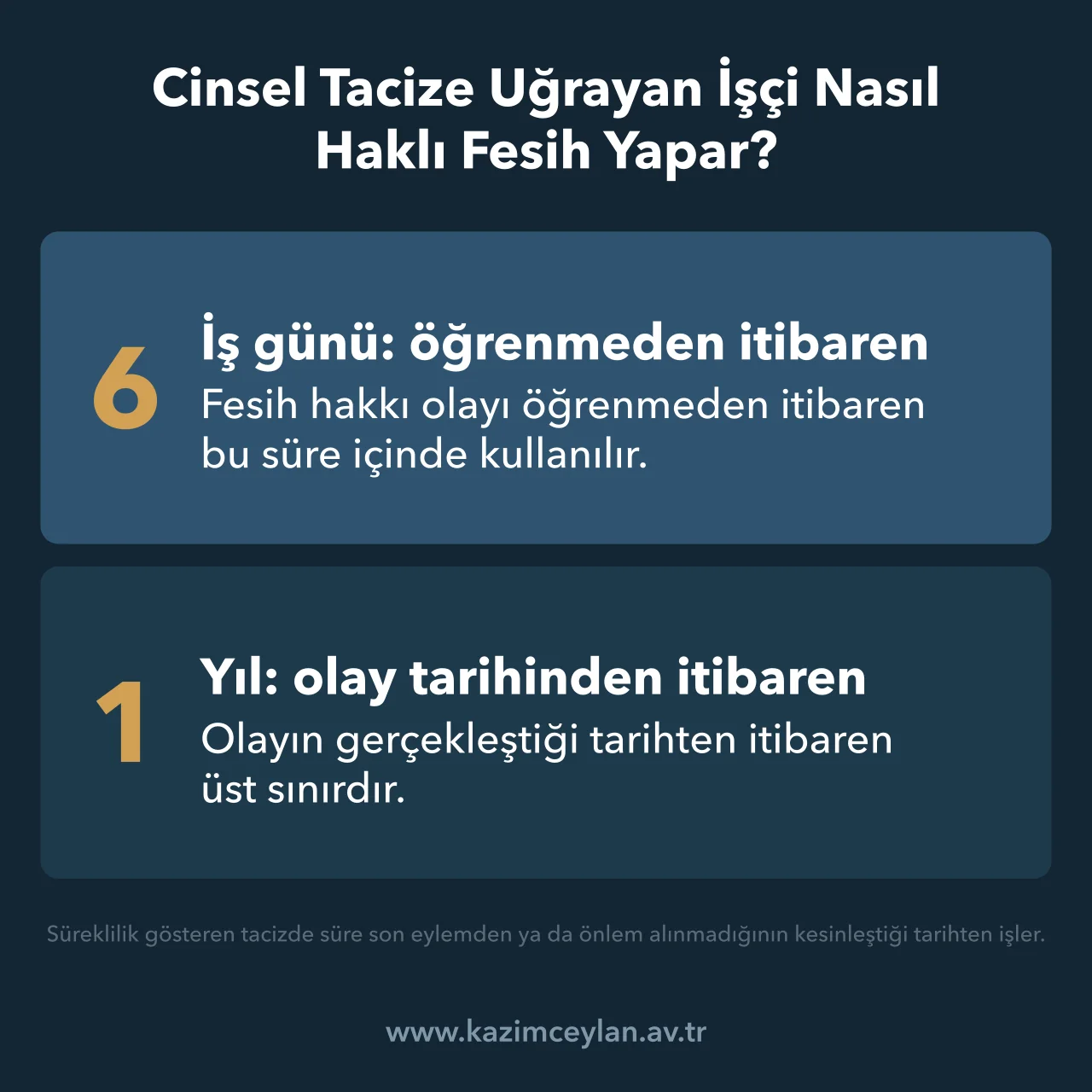 Cinsel Tacize Uğrayan İşçi Nasıl Haklı Fesih Yapar Tacize uğrayan işçinin haklı fesih hakkını kullanacağı altı iş günü ve bir yıllık süreler