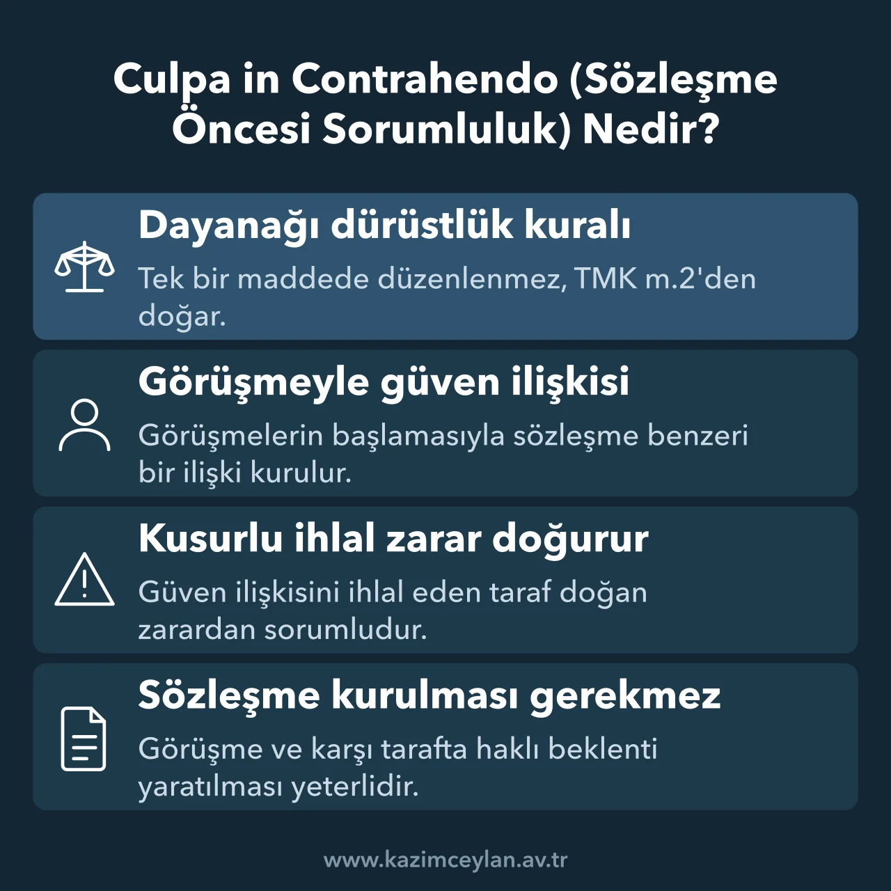 Sözleşme öncesi sorumluluğun dayanağını ve doğması için yeterli unsurları özetleyen kart