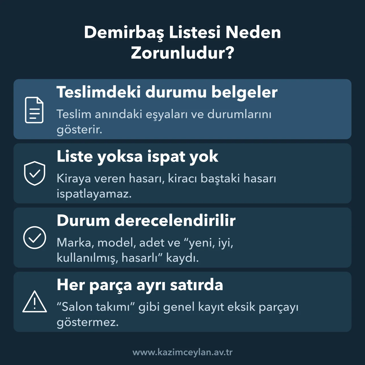 Demirbaş Listesi Neden Zorunludur Eşyalı kirada demirbaş listesinin ispat işlevini ve nasıl yazılacağını gösteren şema