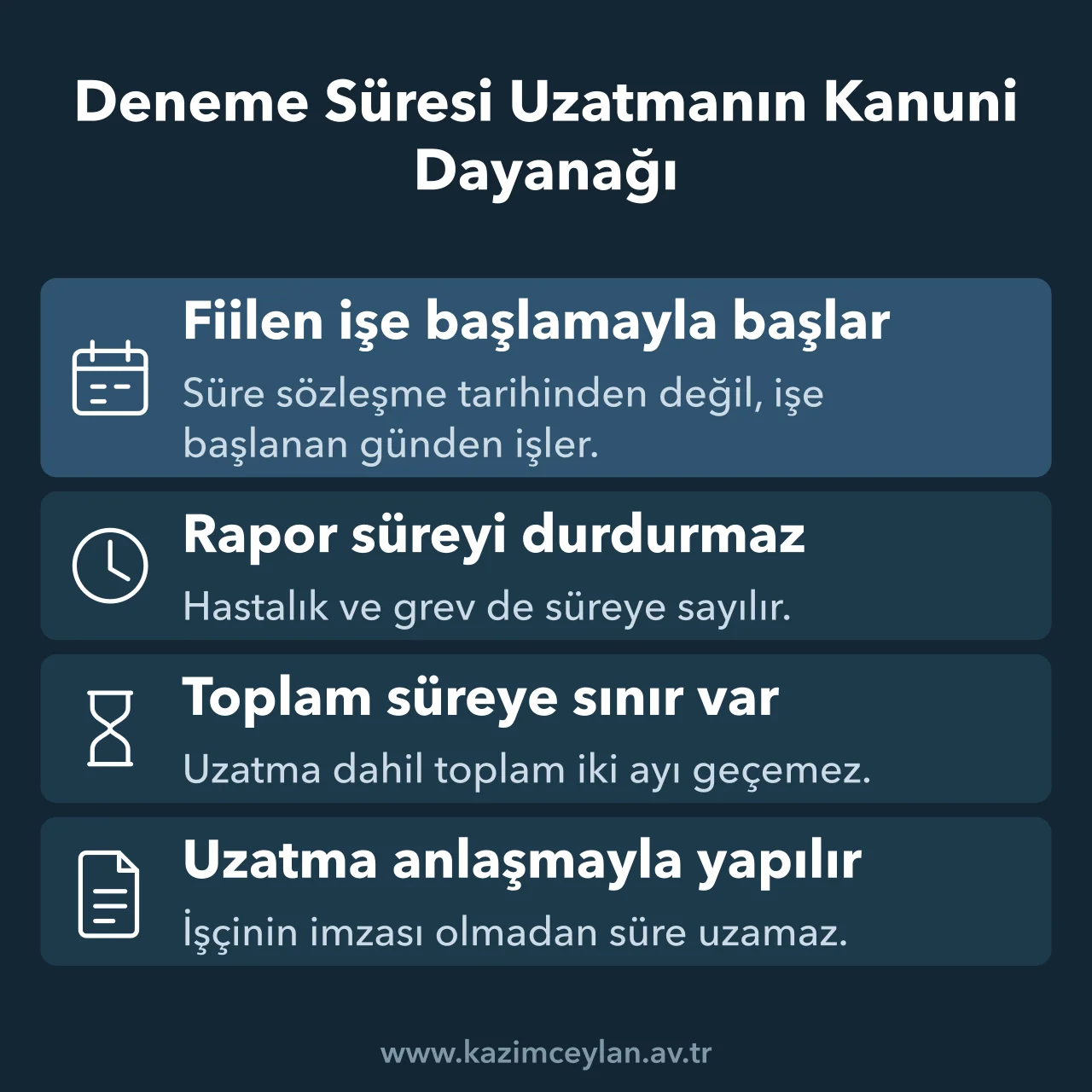 Deneme Süresi Uzatmanın Kanuni Dayanağı Deneme süresinin başlangıcını, işleyişini ve uzatmanın sınırlarını özetleyen kart
