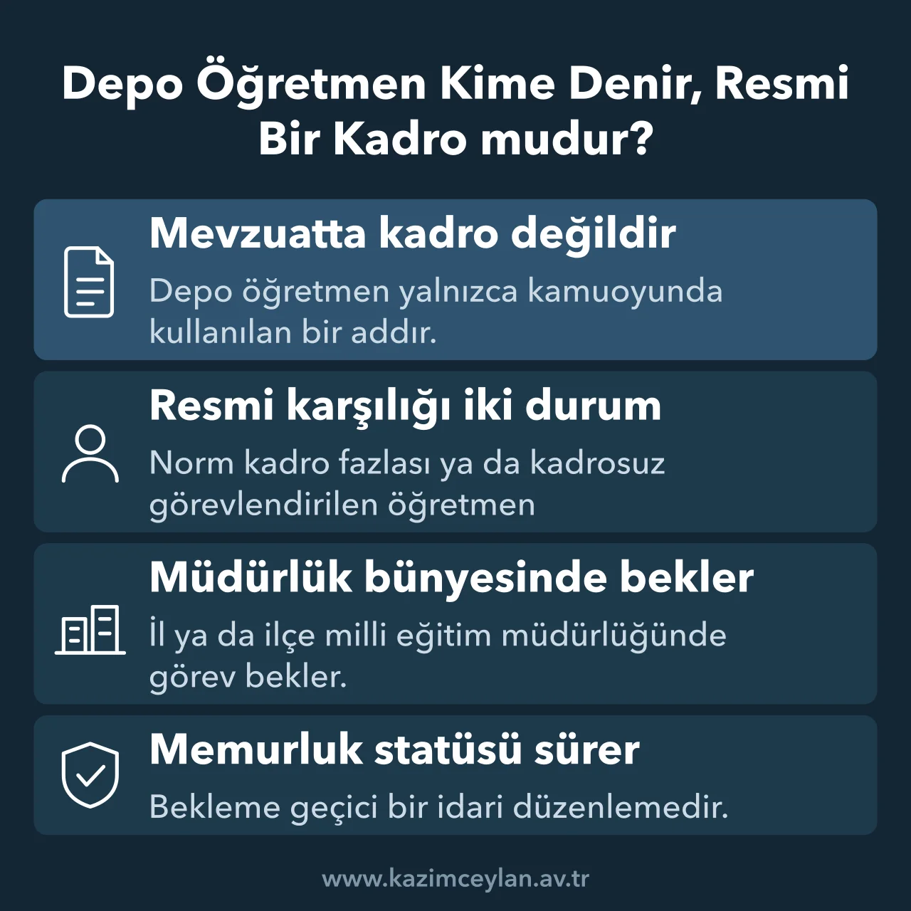 Depo öğretmenin mevzuattaki yerini, resmi karşılığını ve memur statüsünü özetleyen şema