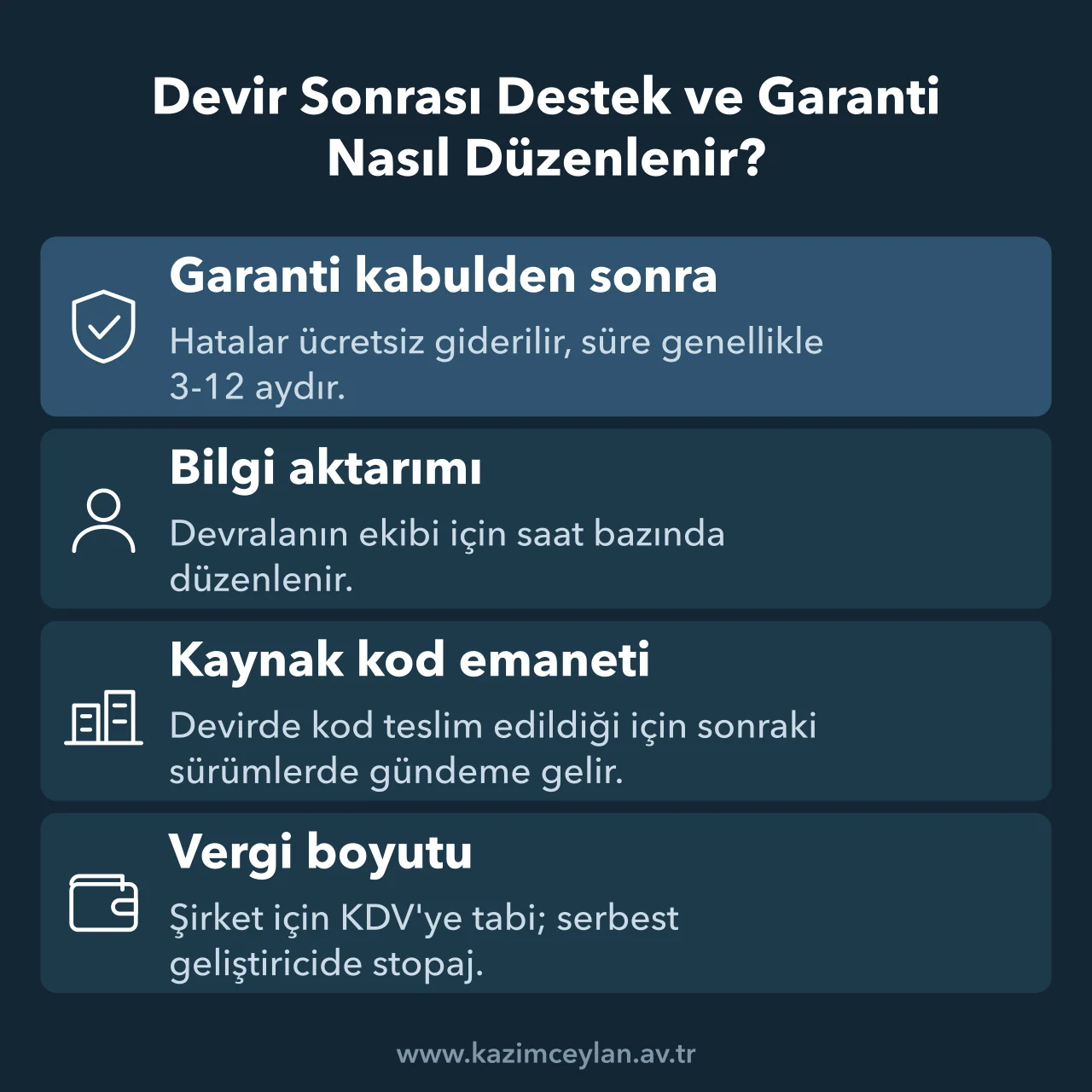 Garanti, bilgi aktarımı, kaynak kod emaneti ve vergi başlıklarını özetleyen şema