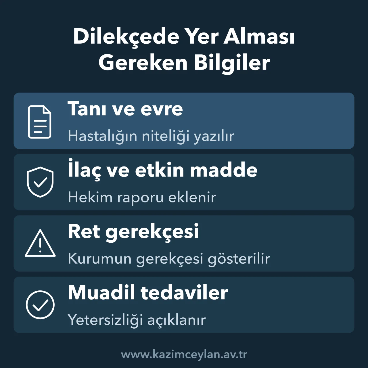Kanser ilacı dava dilekçesinde bulunması gereken bilgileri sıralayan kart