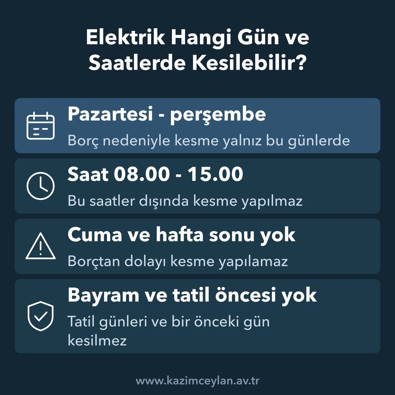 Elektrik Hangi Gün ve Saatlerde Kesilebilir Borç nedeniyle kesmenin yapılabildiği günleri, saat aralığını ve bayram ile tatil yasağını gösteren şema