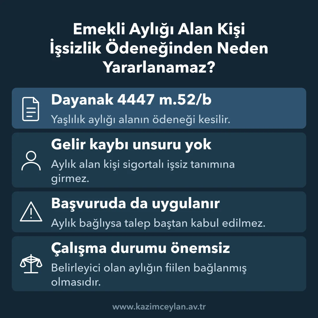 Emekli Aylığı Alan Kişi İşsizlik Ödeneğinden Neden Yararlanamaz Emekli aylığı alanın ödenekten neden yararlanamadığını gösteren şema