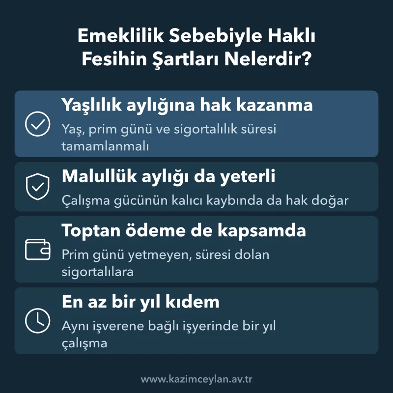 Emeklilik Sebebiyle Haklı Fesihin Şartları Nelerdir Yaşlılık, malullük ve toptan ödeme seçenekleri ile bir yıllık kıdem şartını gösteren şema