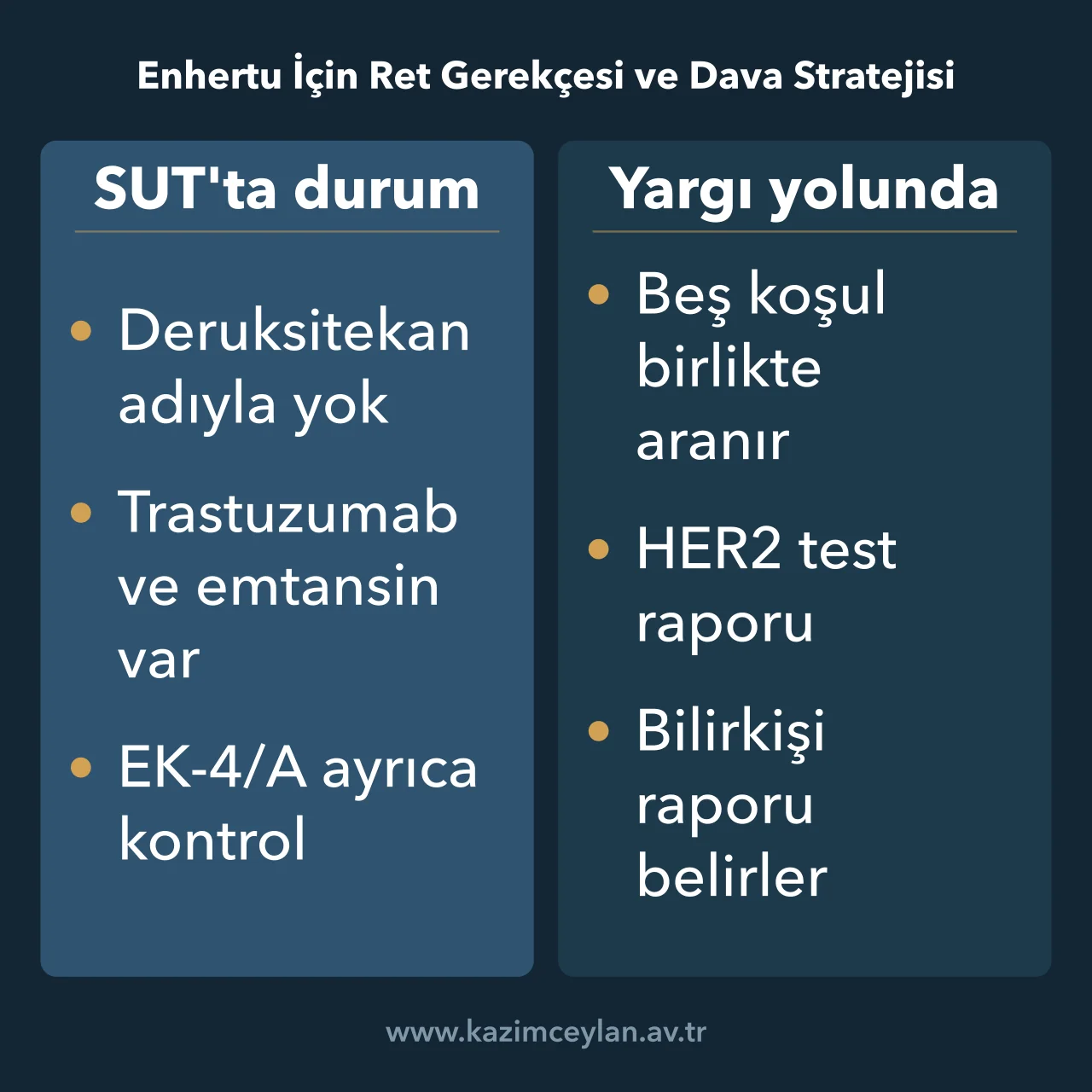 Enhertu İçin Ret Gerekçesi ve Dava Stratejisi Enhertu için SUT'taki durum ile yargı yolundaki koşulların karşılaştırması