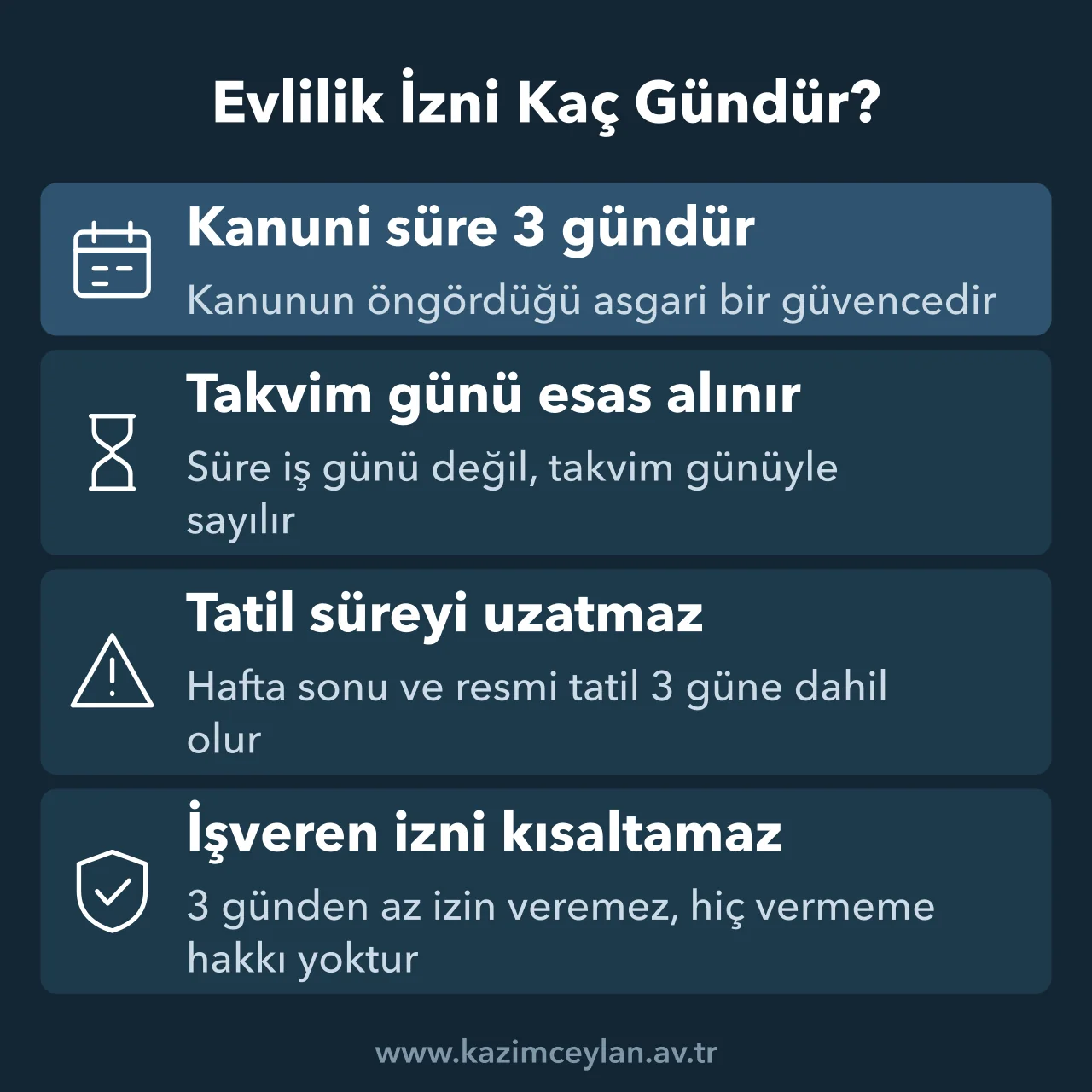 Evlilik izninin kanuni süresini, takvim günü hesabını ve işverenin sınırını özetleyen şema