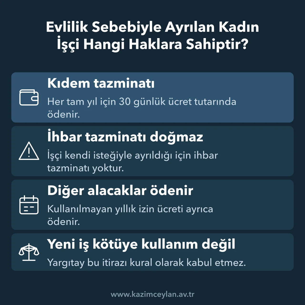 Evlilik Sebebiyle Ayrılan Kadın İşçi Hangi Haklara Sahiptir Evlilik nedeniyle ayrılan kadın işçinin alacağı ve alamayacağı tazminatları gösteren şema