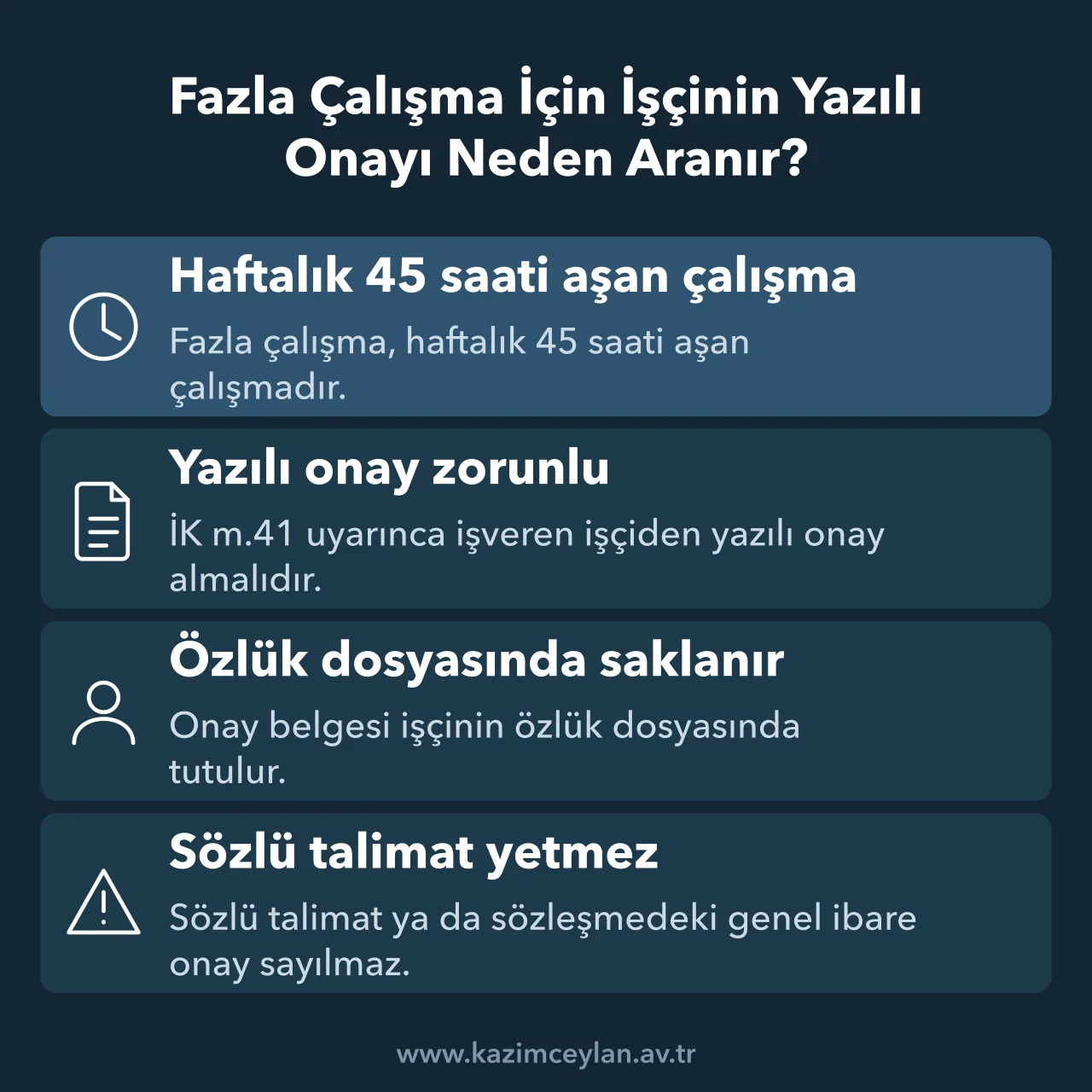 Fazla Çalışma İçin İşçinin Yazılı Onayı Neden Aranır Haftalık 45 saati aşan çalışma için işçiden alınması gereken yazılı onayı gösteren şema