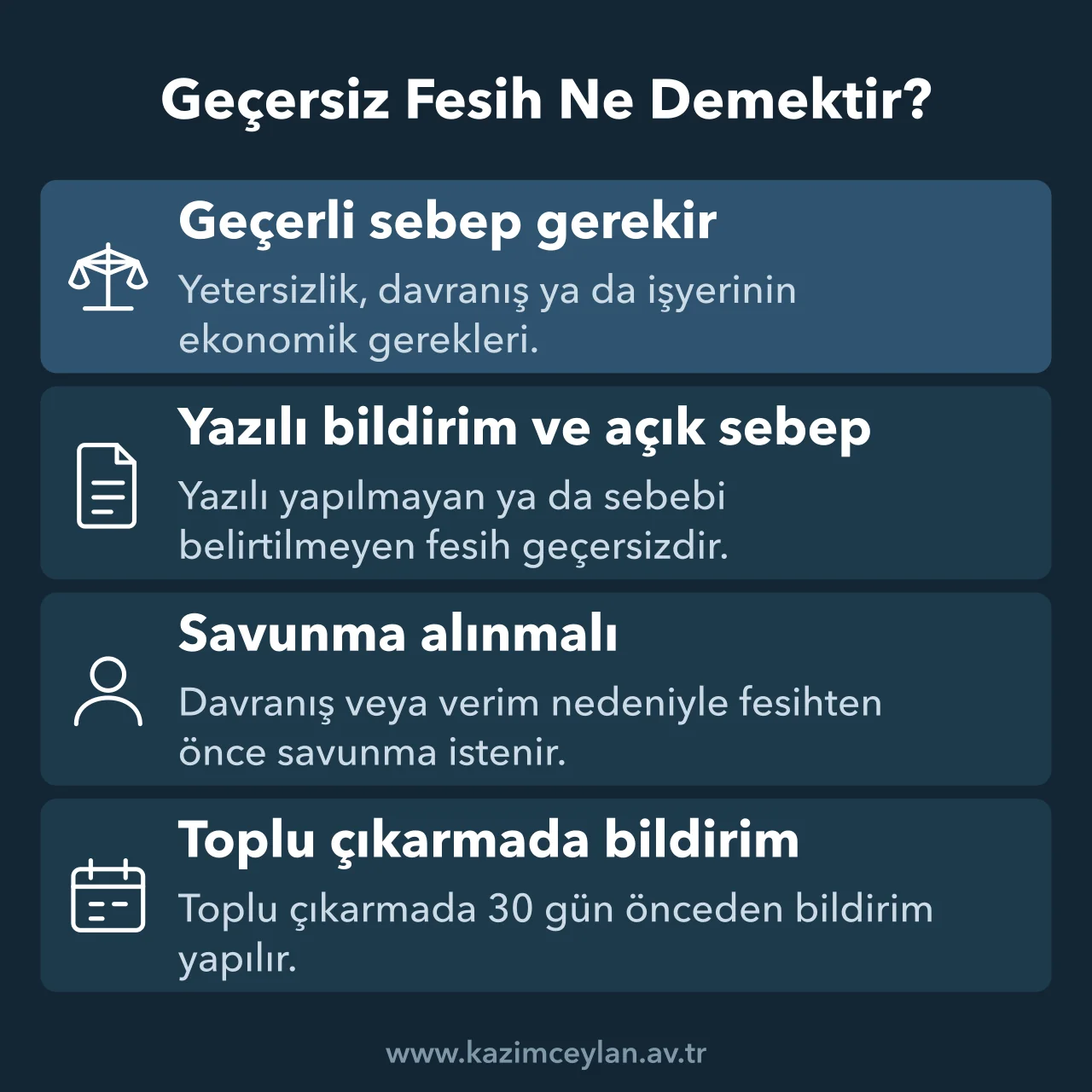 Geçersiz Fesih Ne Demektir Feshin geçerli sayılması için aranan sebep, bildirim ve savunma şartlarını gösteren şema