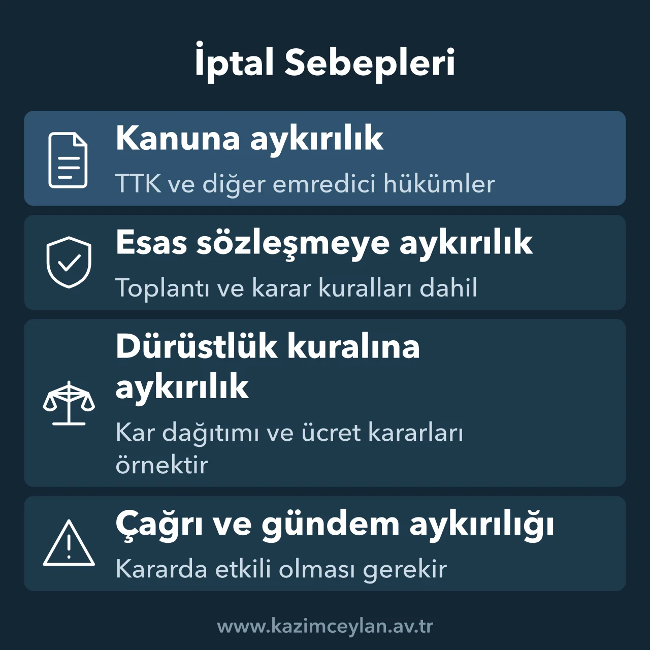 Genel kurul kararının iptal sebeplerini gösteren şema