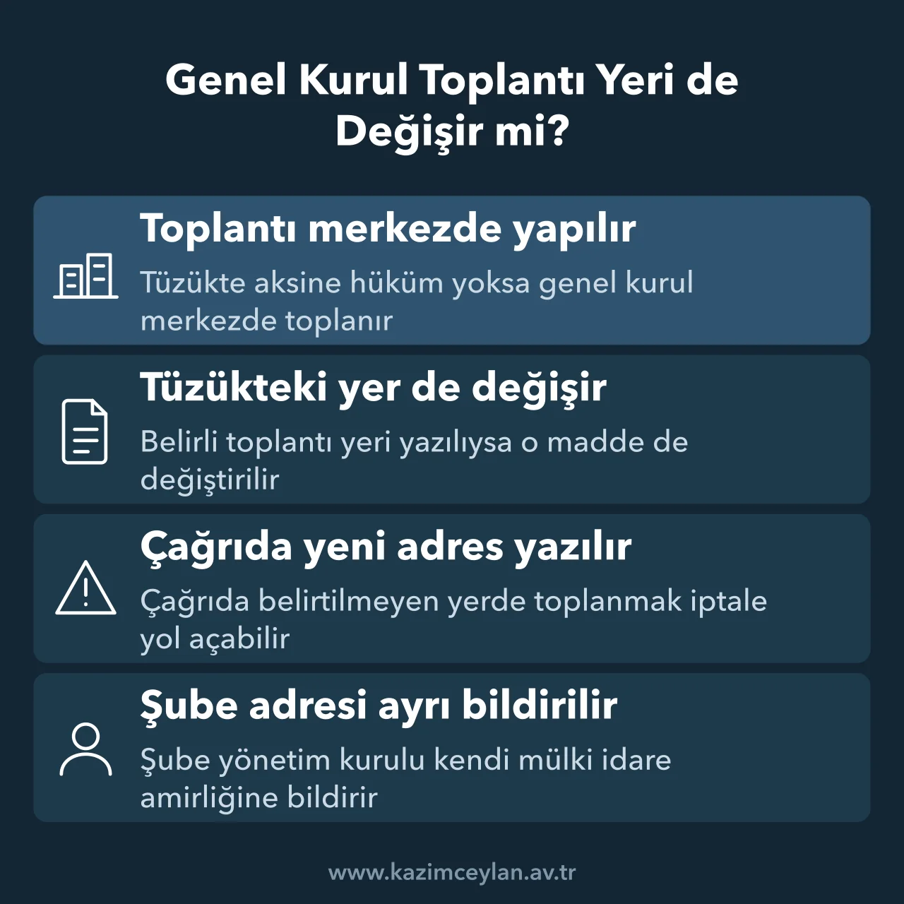 Genel Kurul Toplantı Yeri de Değişir mi Merkez değişince toplantı yeri, çağrıdaki adres ve şube bildirimi için geçerli kurallar