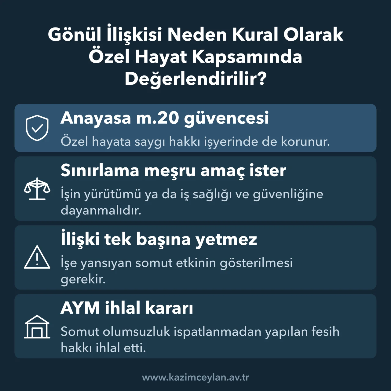 Gönül İlişkisi Neden Kural Olarak Özel Hayat Kapsamında Değerlendirilir İşyerindeki gönül ilişkisinin özel hayat kapsamında korunma ölçütlerini gösteren şema