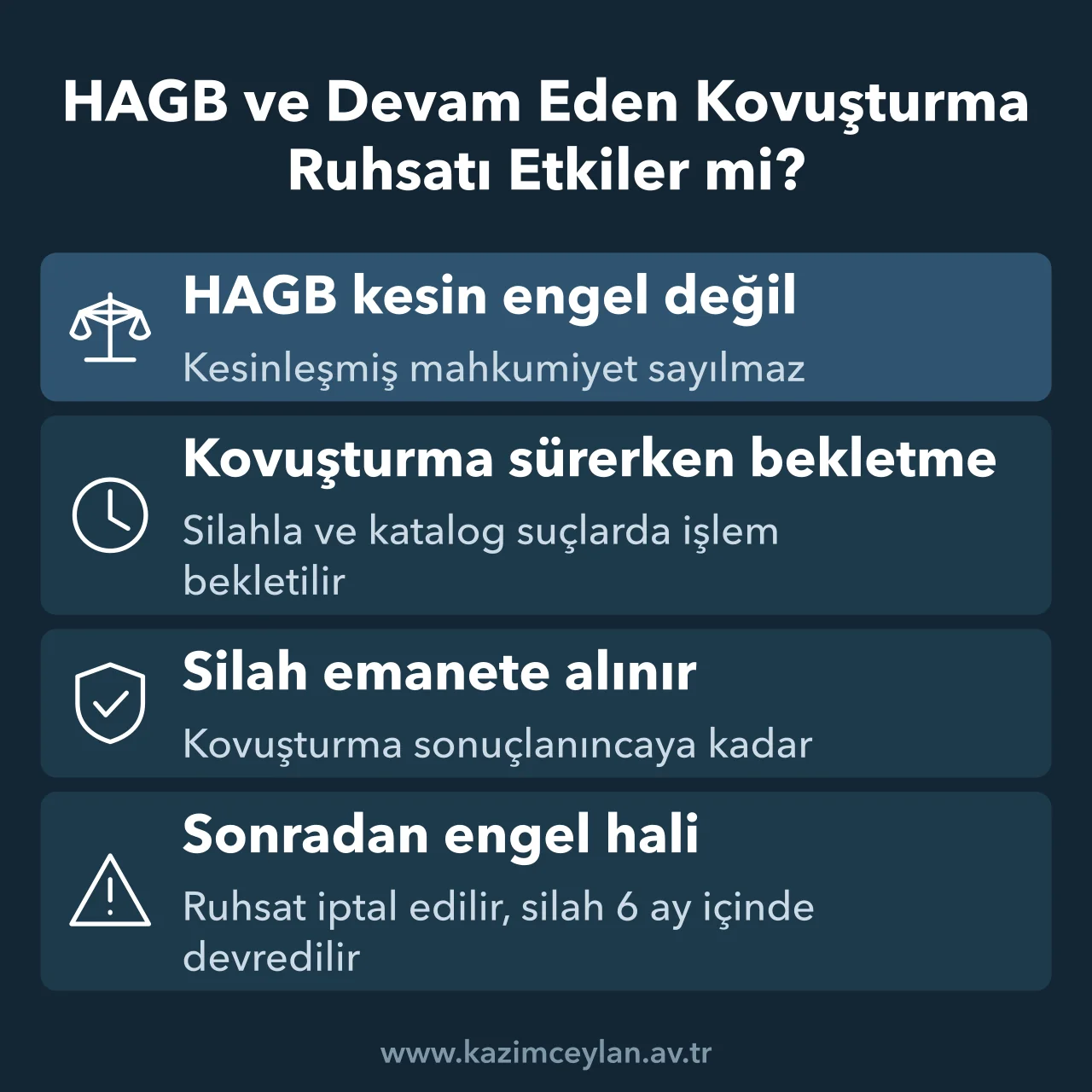 HAGB ve Devam Eden Kovuşturma Ruhsatı Etkiler mi Ruhsat başvurusunda HAGB, kovuşturma ve sonradan engel halinin etkisini gösteren şema