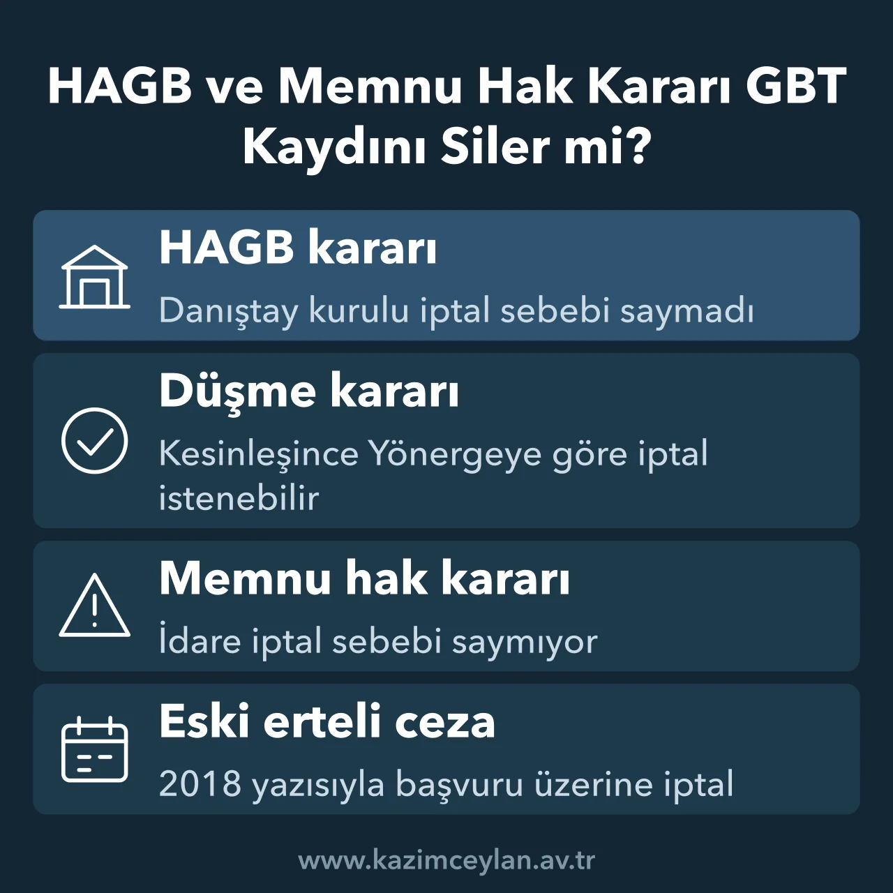 GBT kaydı silinir mi sorusunda HAGB, düşme ve memnu hak kararlarını gösteren şema