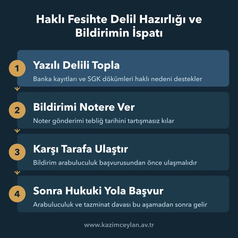 Haklı Fesihte Delil Hazırlığı ve Bildirimin İspatı Haklı fesih bildiriminin ispat için izlemesi gereken sıra ve delil adımları