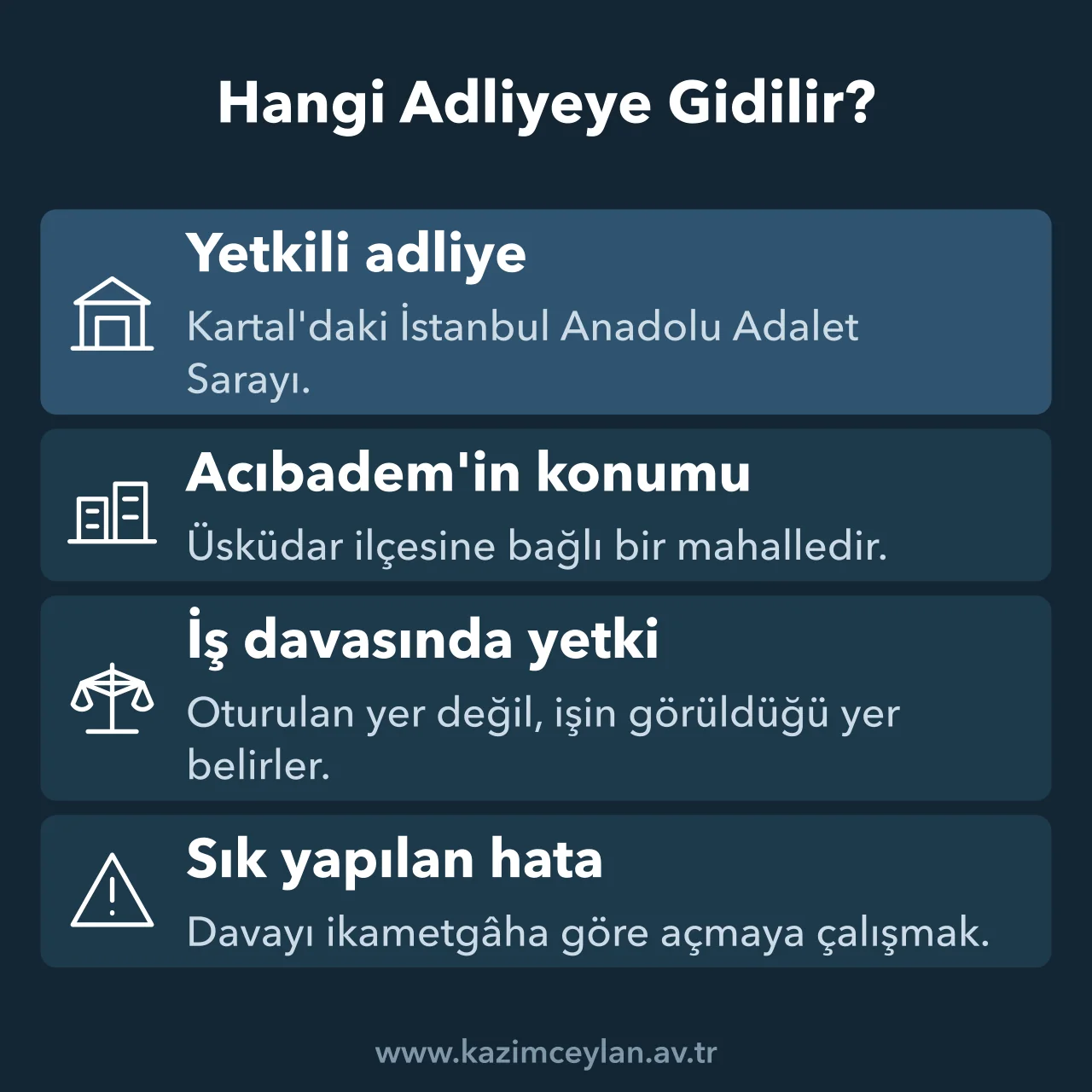 Hangi Adliyeye Gidilir Acıbadem için yetkili adliyeyi ve iş davasında yetki kuralını gösteren şema