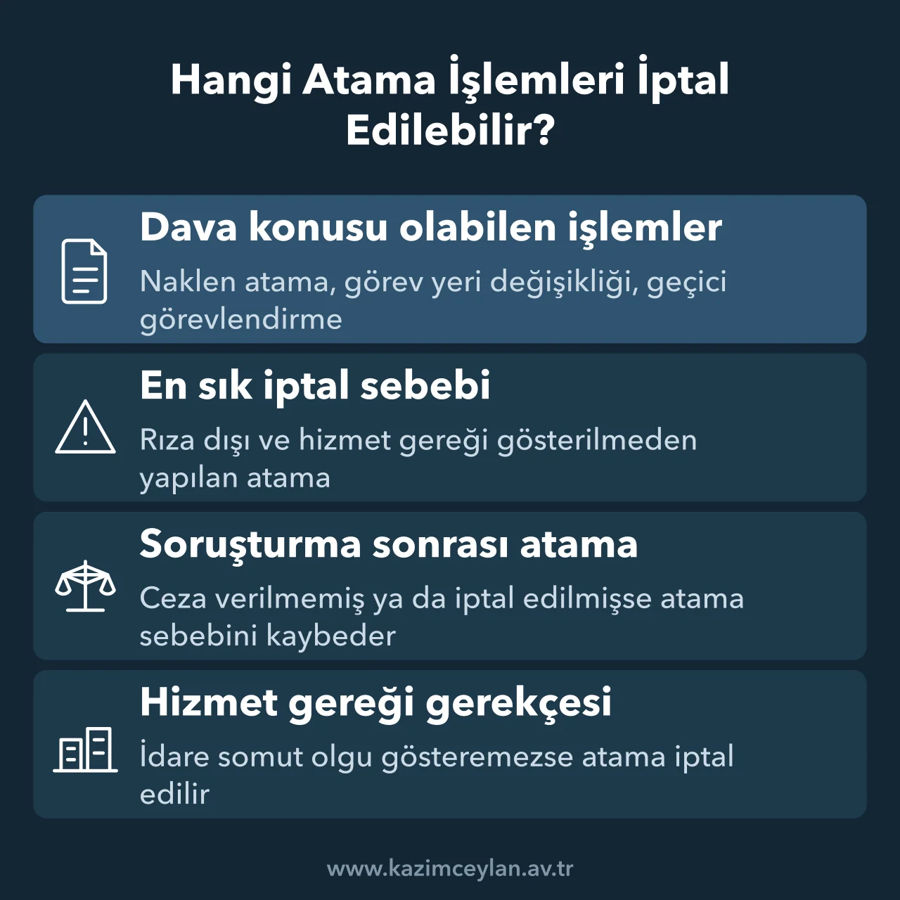 Hangi Atama İşlemleri İptal Edilebilir Dava konusu yapılabilen atama işlemlerini ve en sık iptal sebeplerini gösteren şema