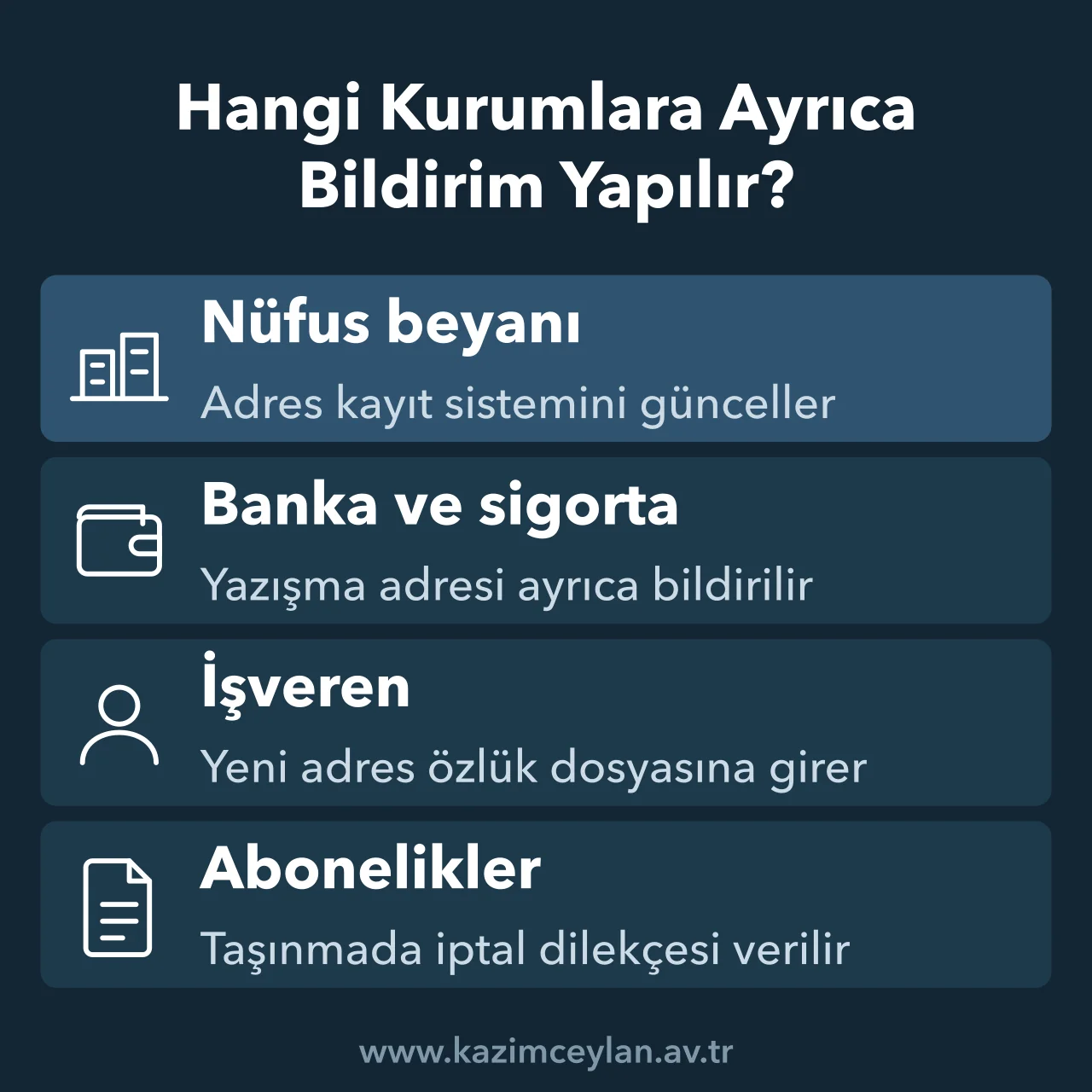 Hangi Kurumlara Ayrıca Bildirim Yapılır Nüfus beyanı dışında banka, işveren ve aboneliklere gidecek bildirimleri özetleyen şema