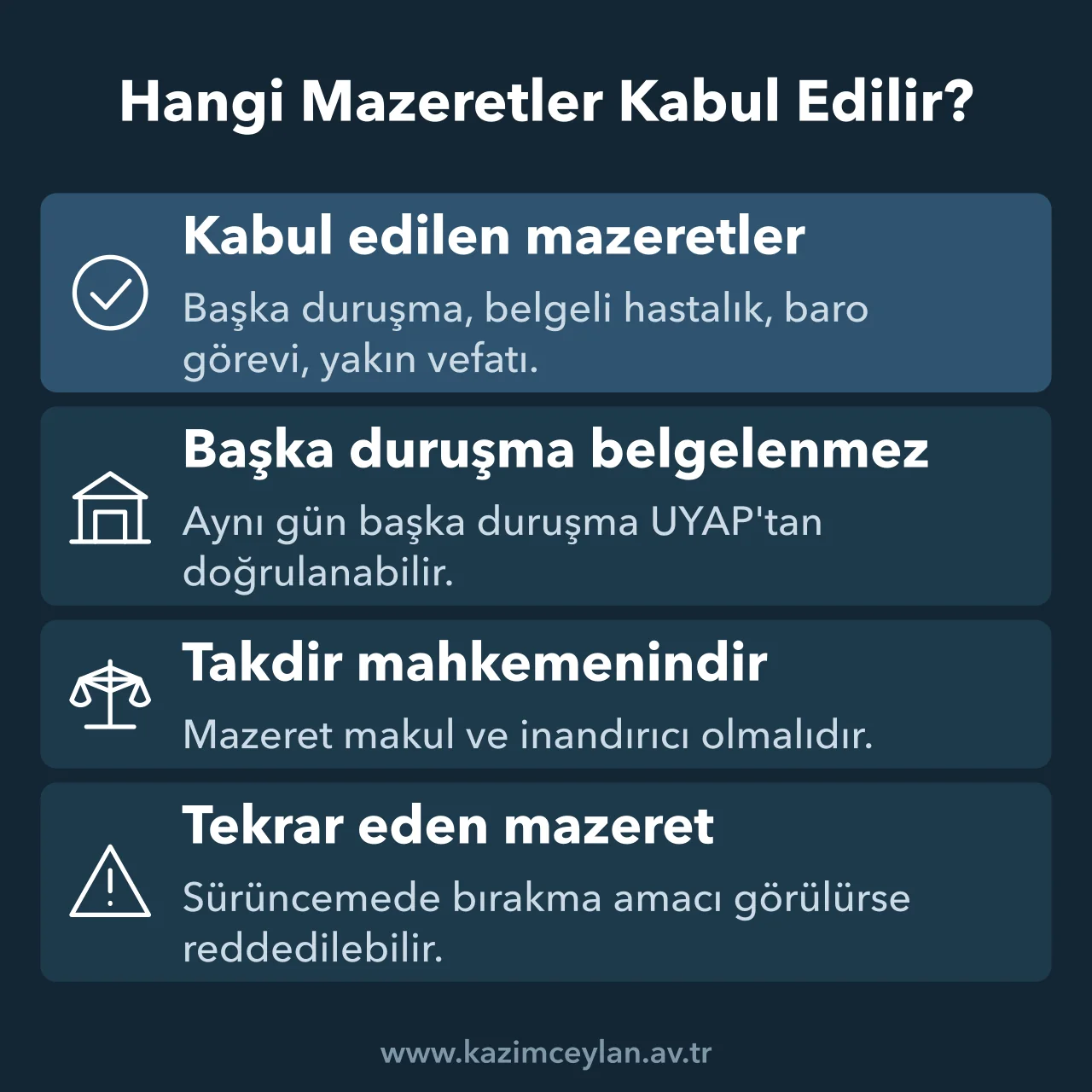 Hangi Mazeretler Kabul Edilir Duruşmada kabul gören avukat mazeretlerini ve mahkemenin takdir ölçütünü özetleyen şema