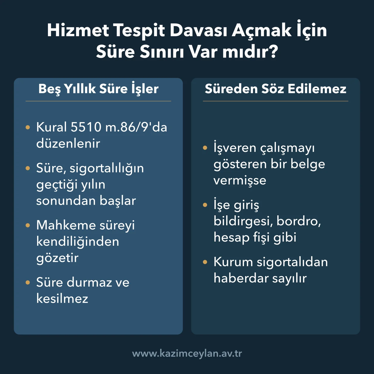 Hizmet tespit davasında beş yıllık sürenin işlediği ve işlemediği halleri ayıran şema