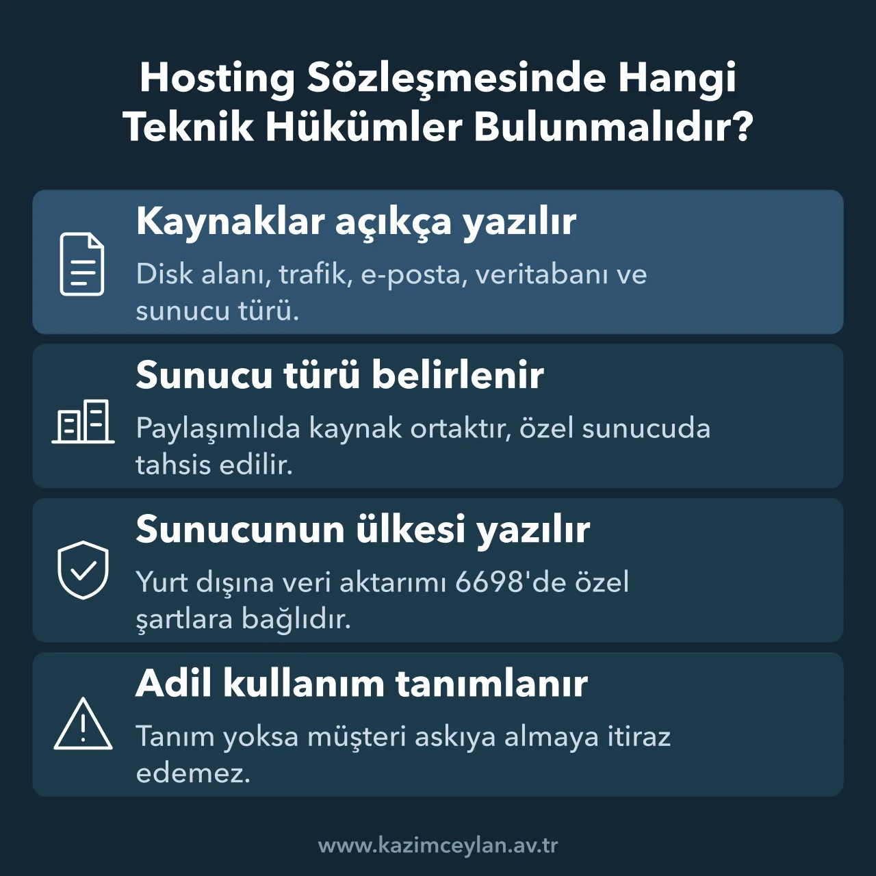 Barındırma paketinde kaynak, sunucu türü, lokasyon ve adil kullanım hükmünü özetleyen şema