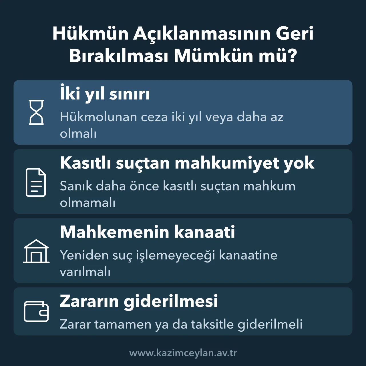 Hükmün Açıklanmasının Geri Bırakılması Mümkün mü Hükmün açıklanmasının geri bırakılması için iki yıl sınırı, sabıka, kanaat ve zararın giderilmesi şartlarını gösteren şema