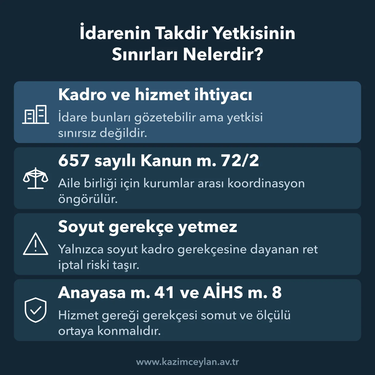İdarenin Takdir Yetkisinin Sınırları Nelerdir Eş durumu talebinde idarenin kadro gerekçesini sınırlayan kanuni ölçütleri gösteren şema